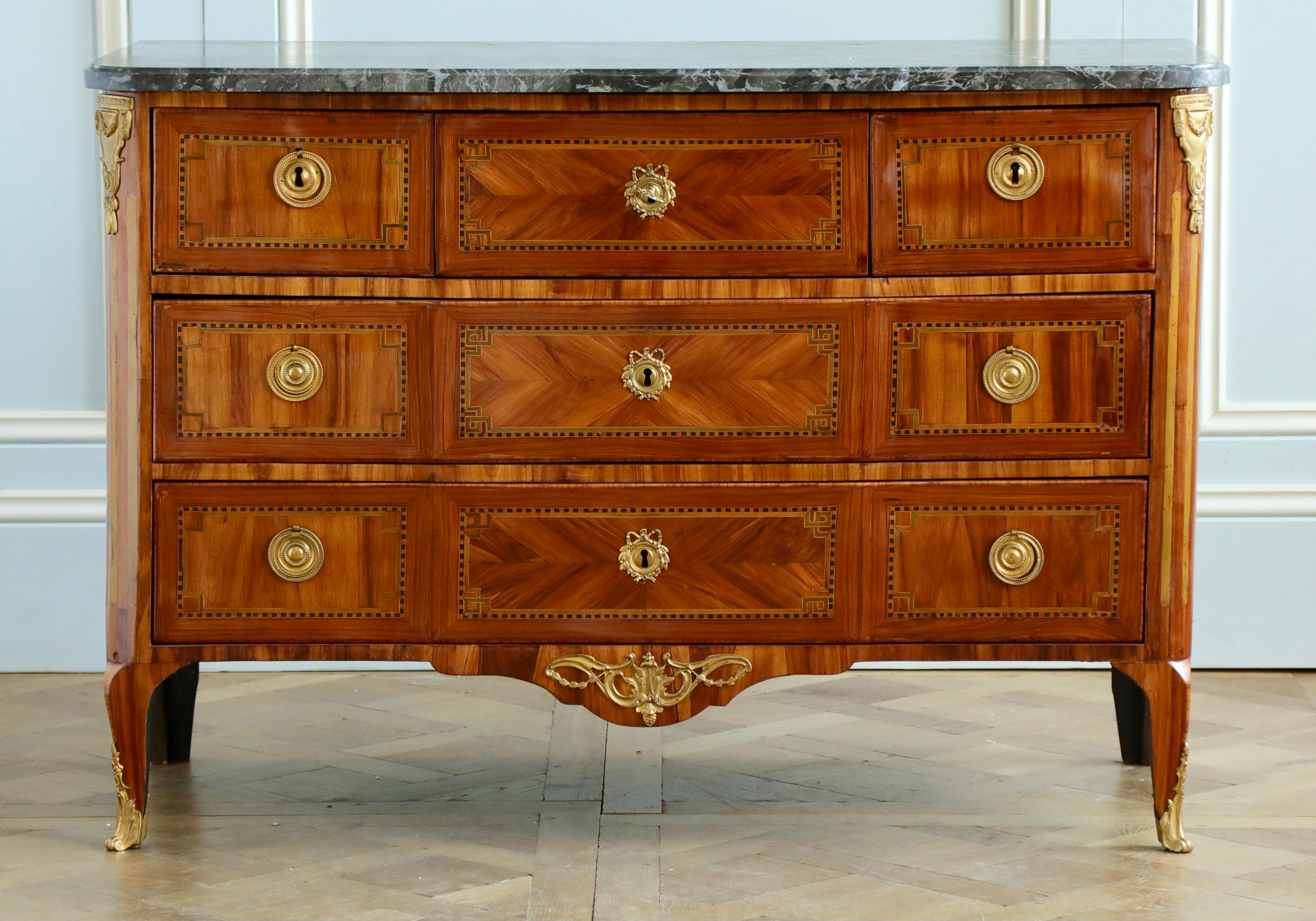 Wood 18th Century Marquetry commode with Sainte-Anne Grey Marble, Stamped by L.Aubry For Sale