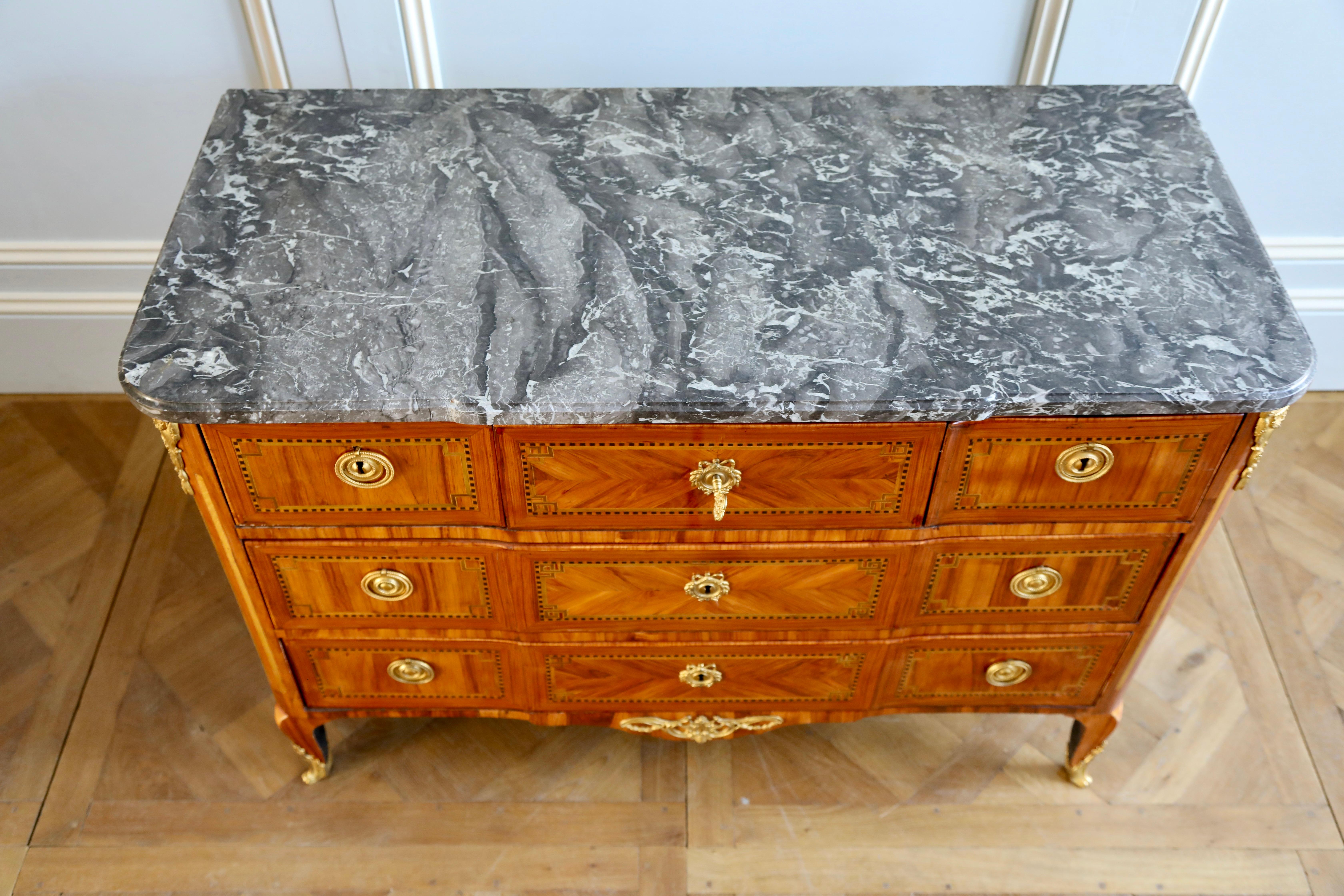 18th Century Marquetry commode with Sainte-Anne Grey Marble, Stamped by L.Aubry For Sale 1