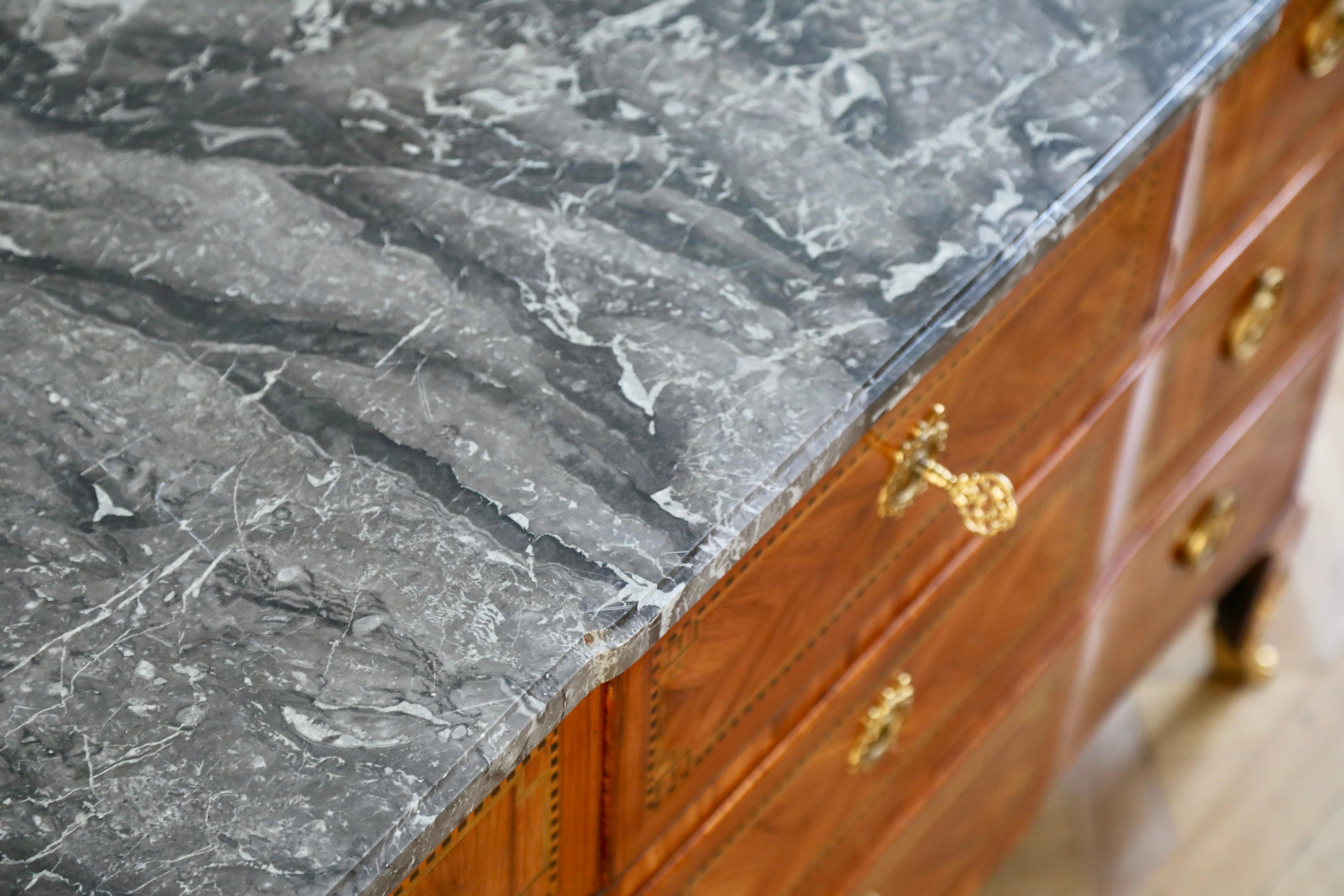 18th Century Marquetry commode with Sainte-Anne Grey Marble, Stamped by L.Aubry For Sale 2