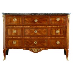 18th Century Marquetry commode with Sainte-Anne Grey Marble, Stamped by L.Aubry