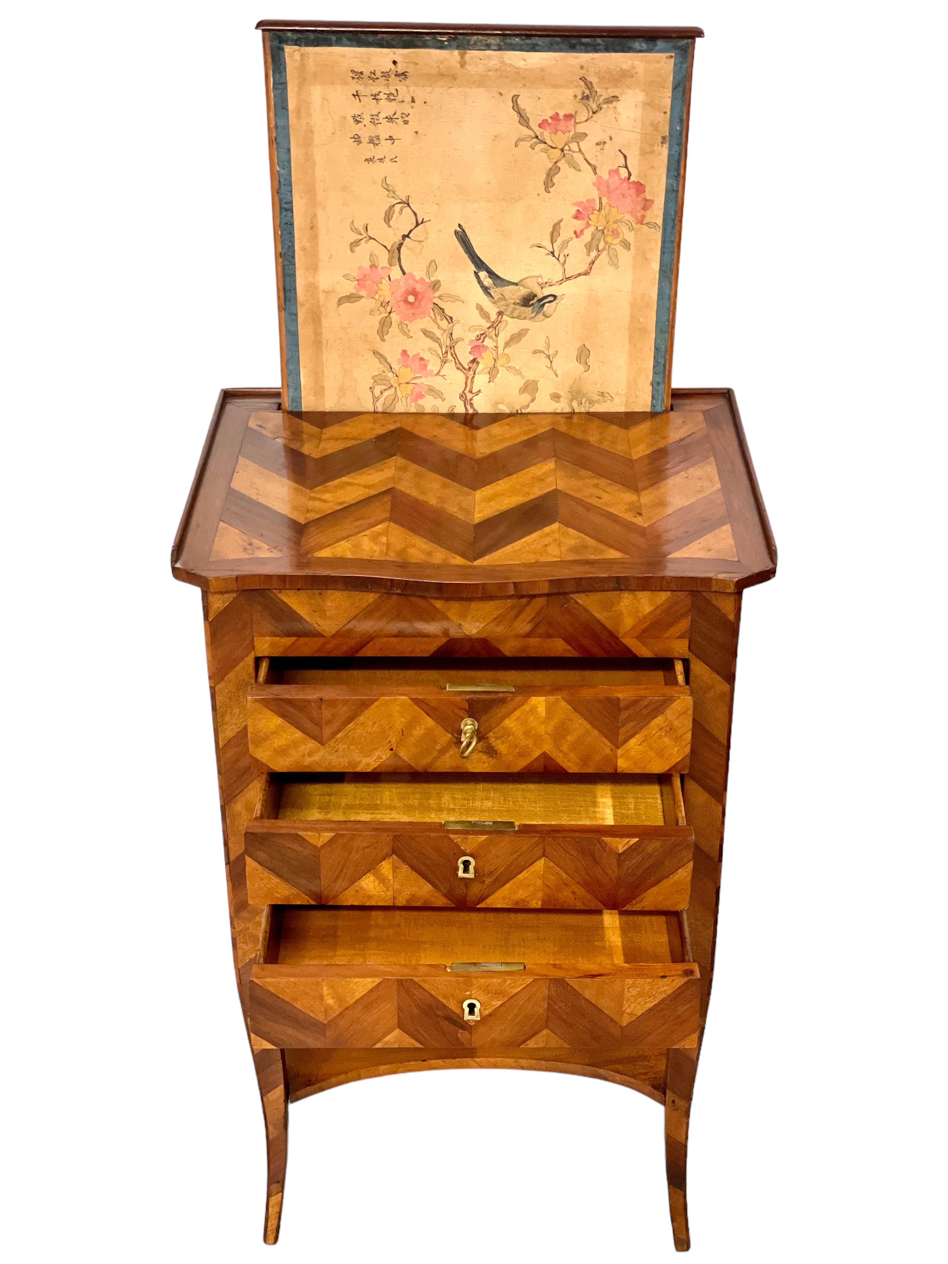 18th Century Marquetry Inlaid Petite Commode with Chinoiserie Screen 1