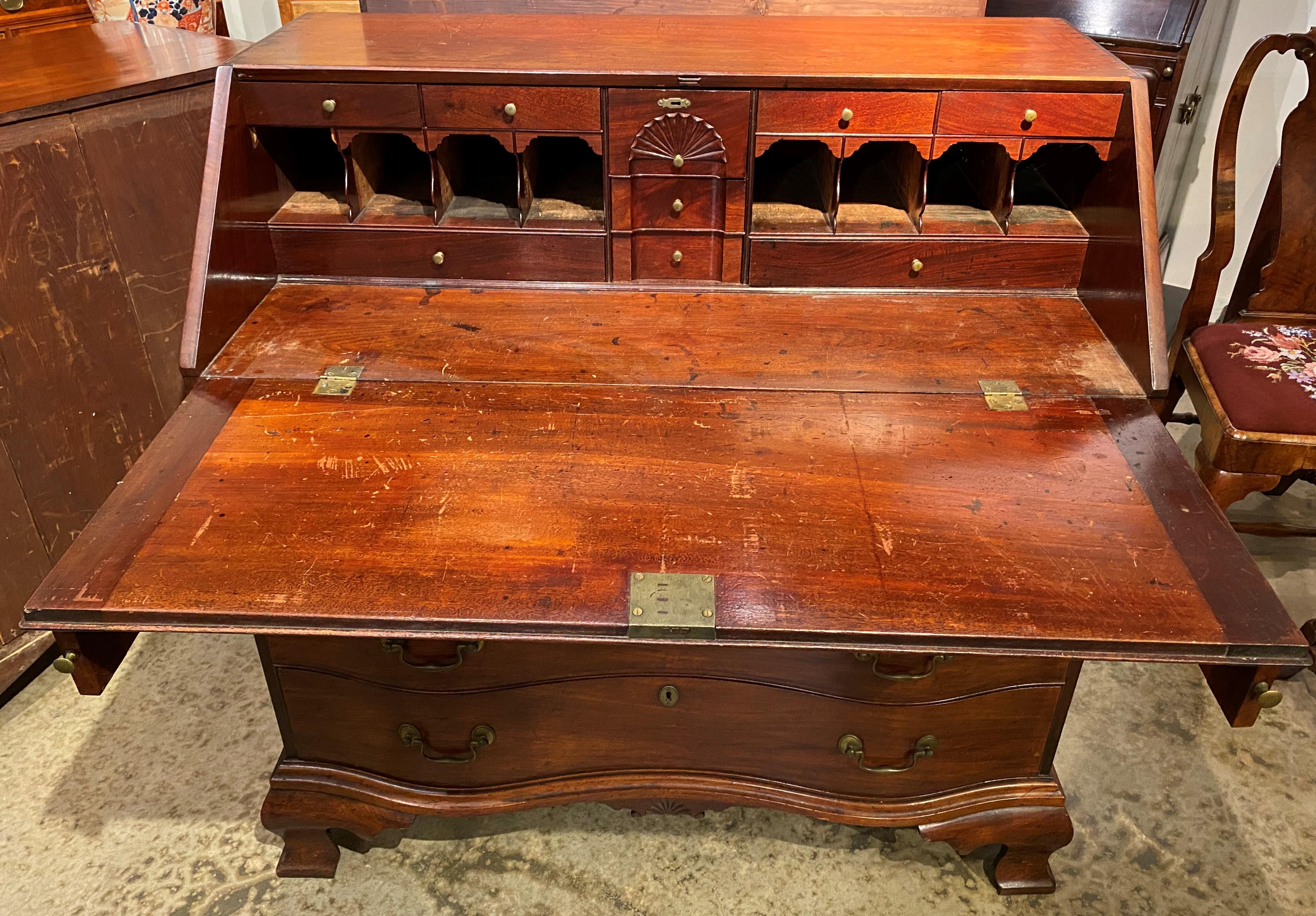 18th Century and Earlier 18th Century Massachusetts Mahogany Chippendale Desk with Shell Drop & Ogee Feet For Sale