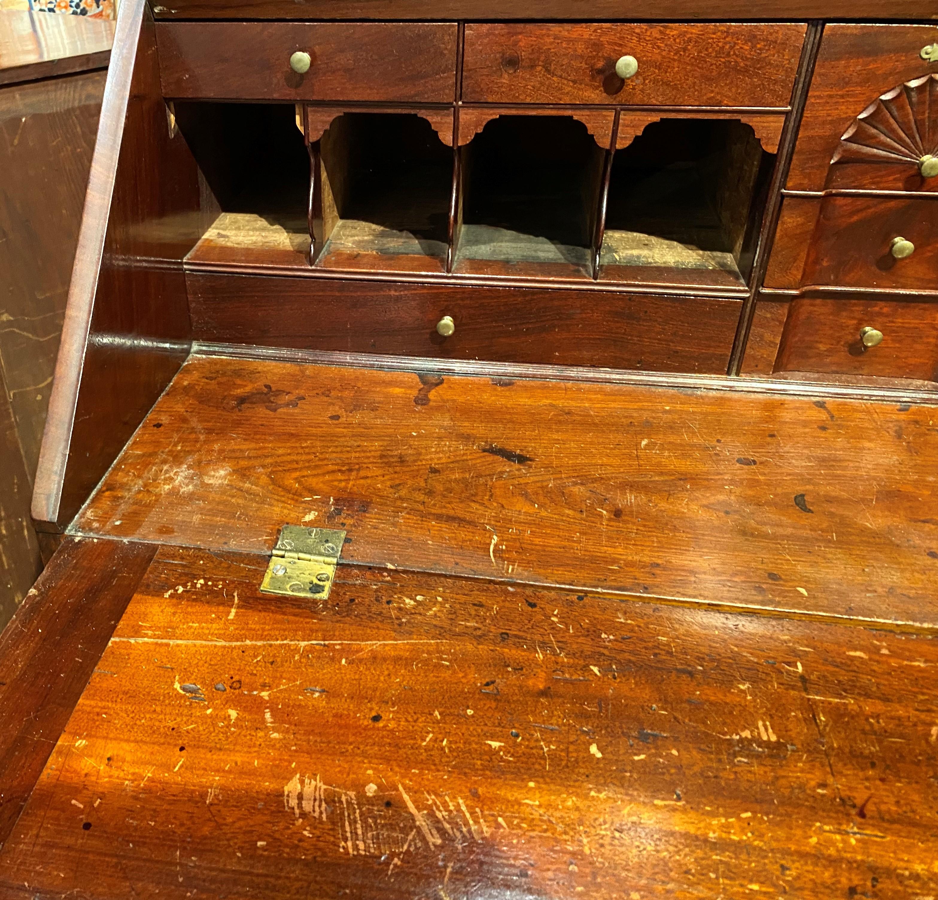 Brass 18th Century Massachusetts Mahogany Chippendale Desk with Shell Drop & Ogee Feet For Sale