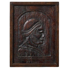 18th Century Medieval Style Carved Oak Portrait Panel of St Luke