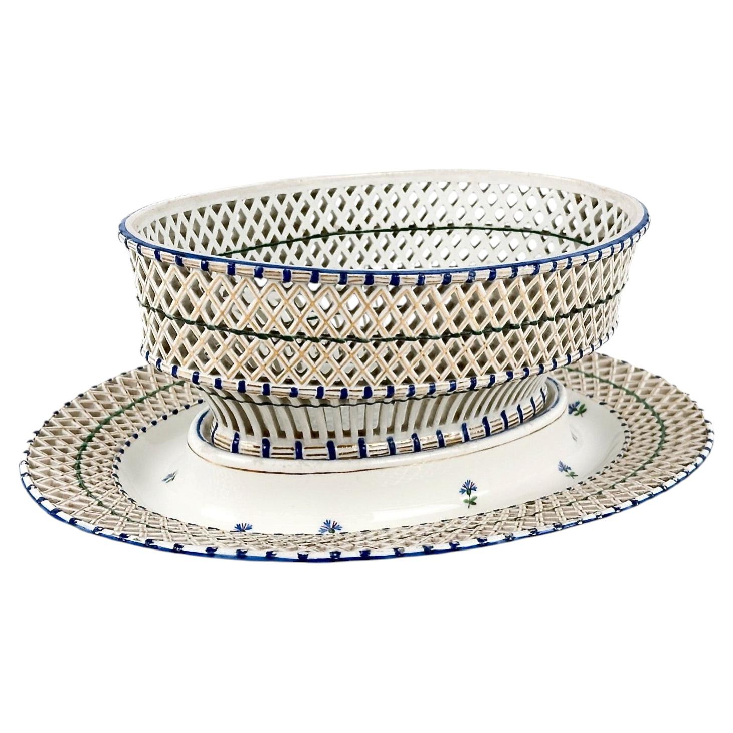 18th Century Vienna Blue & White Reticulated Bowl and Stand For Sale