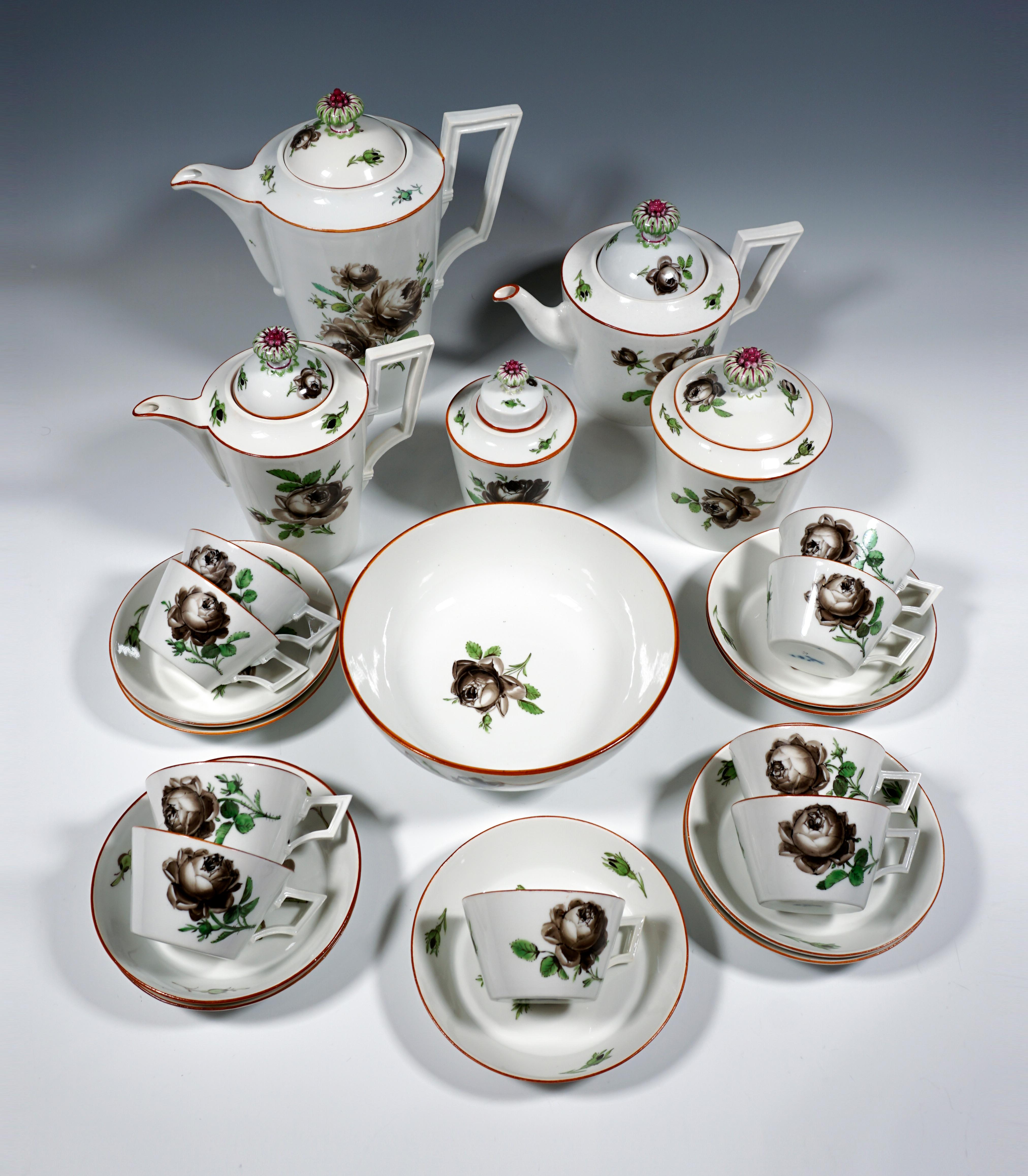 Very early Meissen coffee and tea service, 24 pieces, consisting of a coffee pot with a lid, a teapot with a lid, a milk jug with a lid, a coffee and a tea caddy, as well as a large sugar bowl, nine cups and nine saucers. Smooth conical shape of all