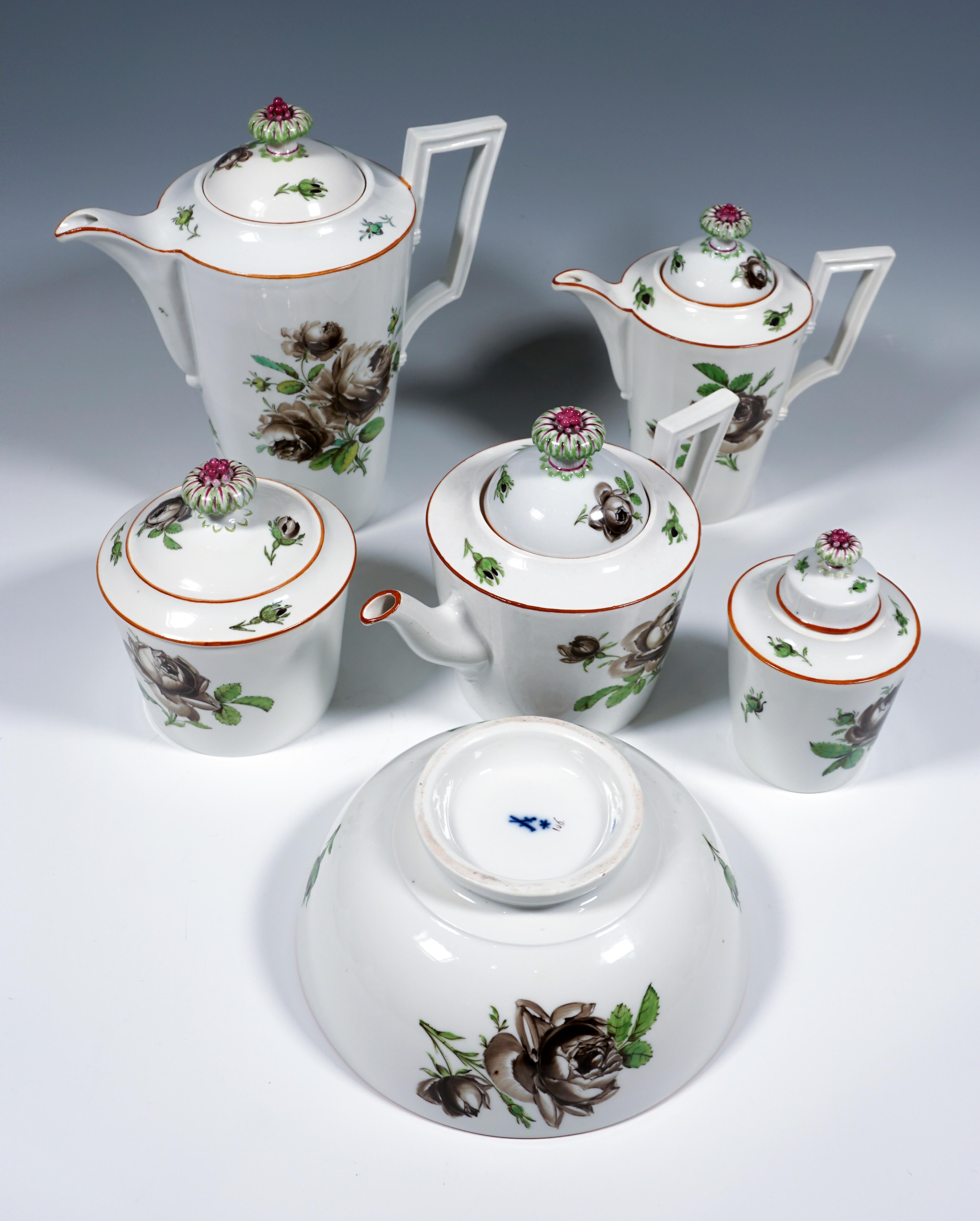 Baroque 18th Century Meissen Coffee & Tea Set for 9 Persons with Black Rose Decor