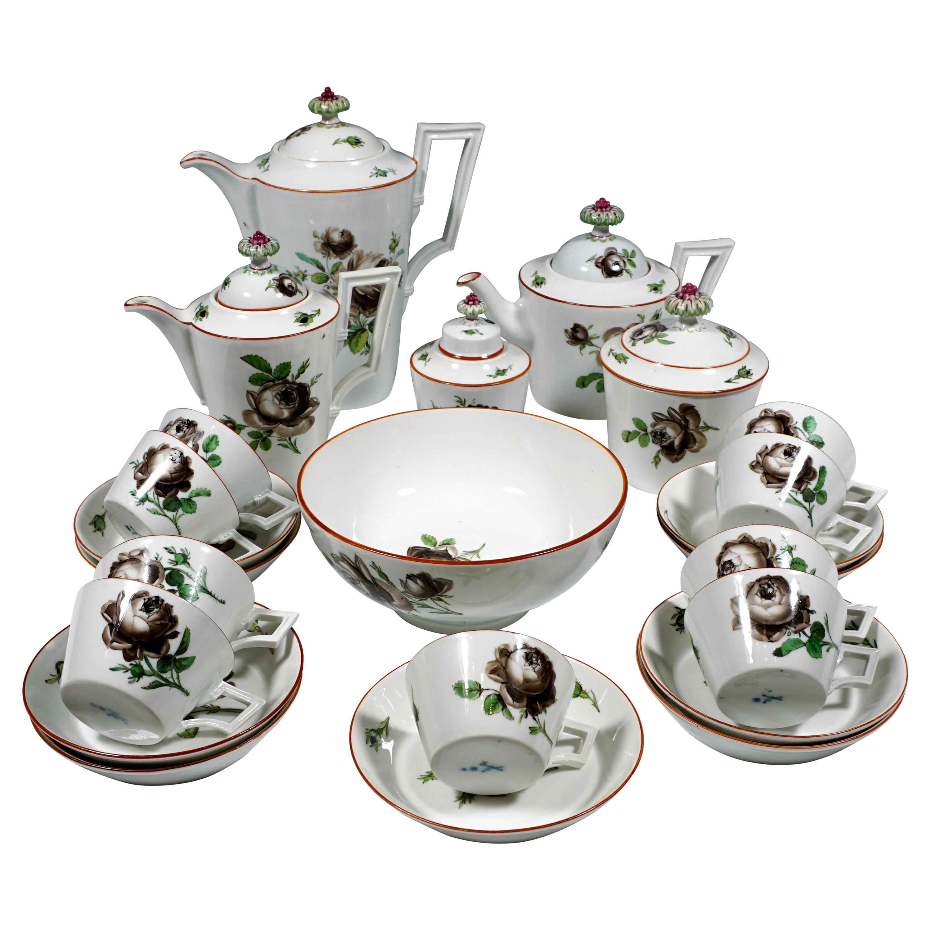 18th Century Meissen Coffee & Tea Set for 9 Persons with Black Rose Decor