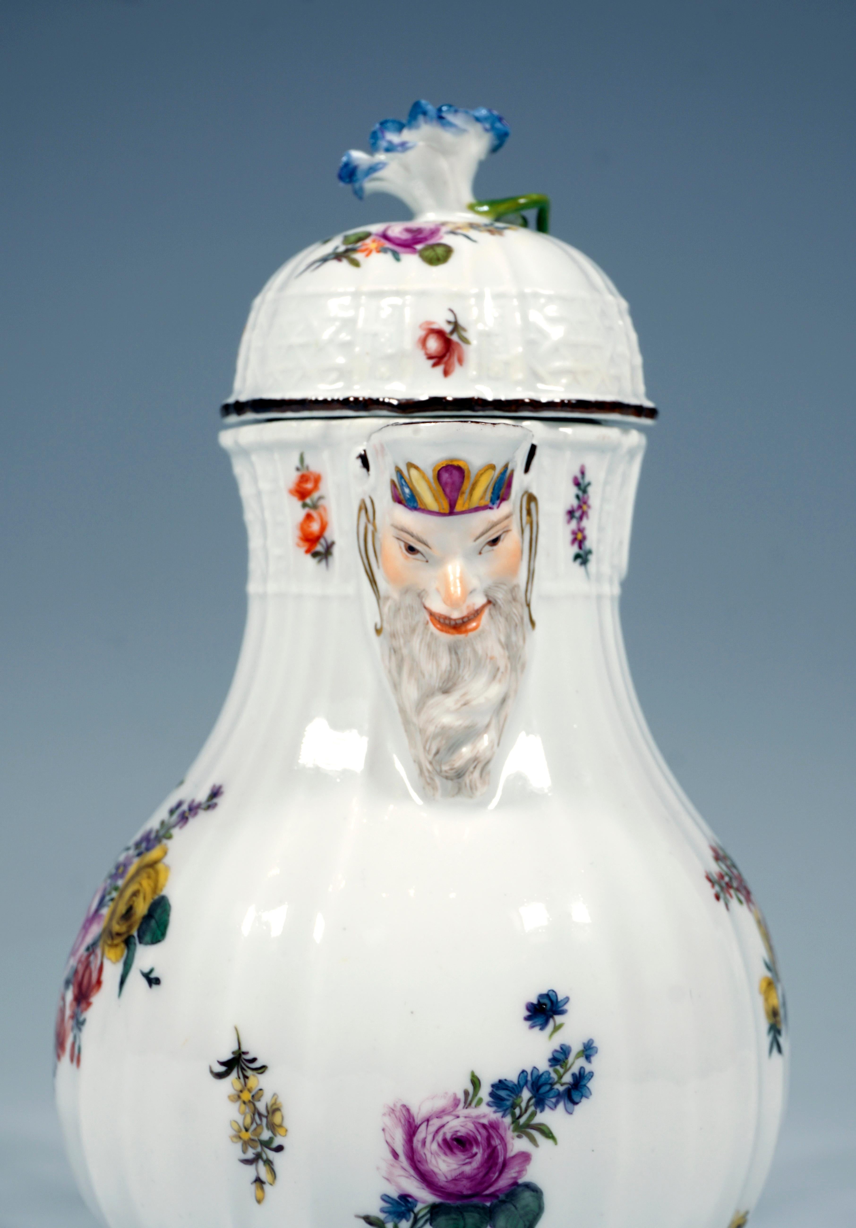 Hand-Crafted 18th Century Meissen Lidded Mustard Jug, Bouquets and Scattered Flowers, ca 1745