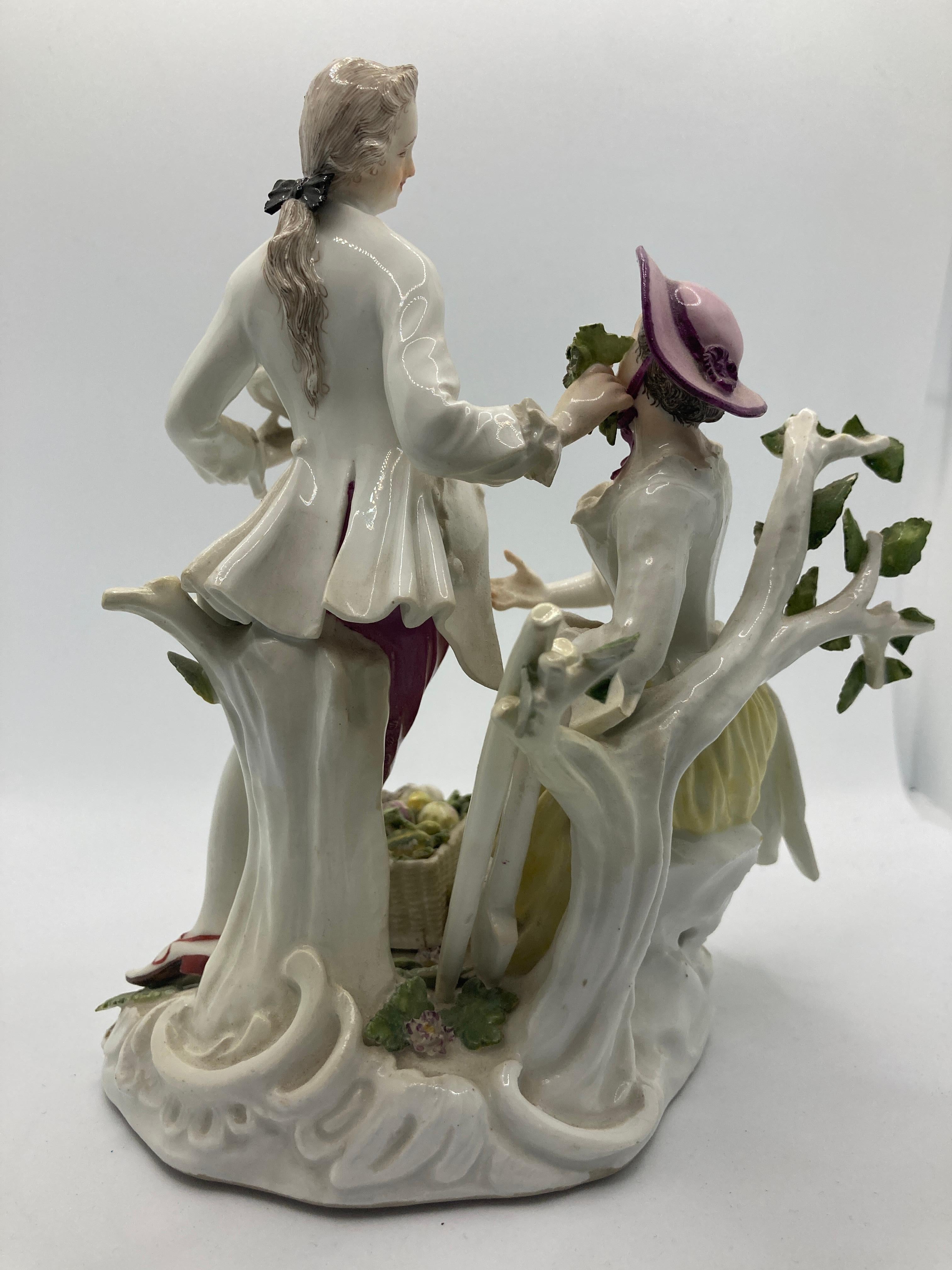 Hand-Crafted 18th Century Meissen Porcelain Figurine, 'Pair of Gardeners',  Model No 1584 For Sale