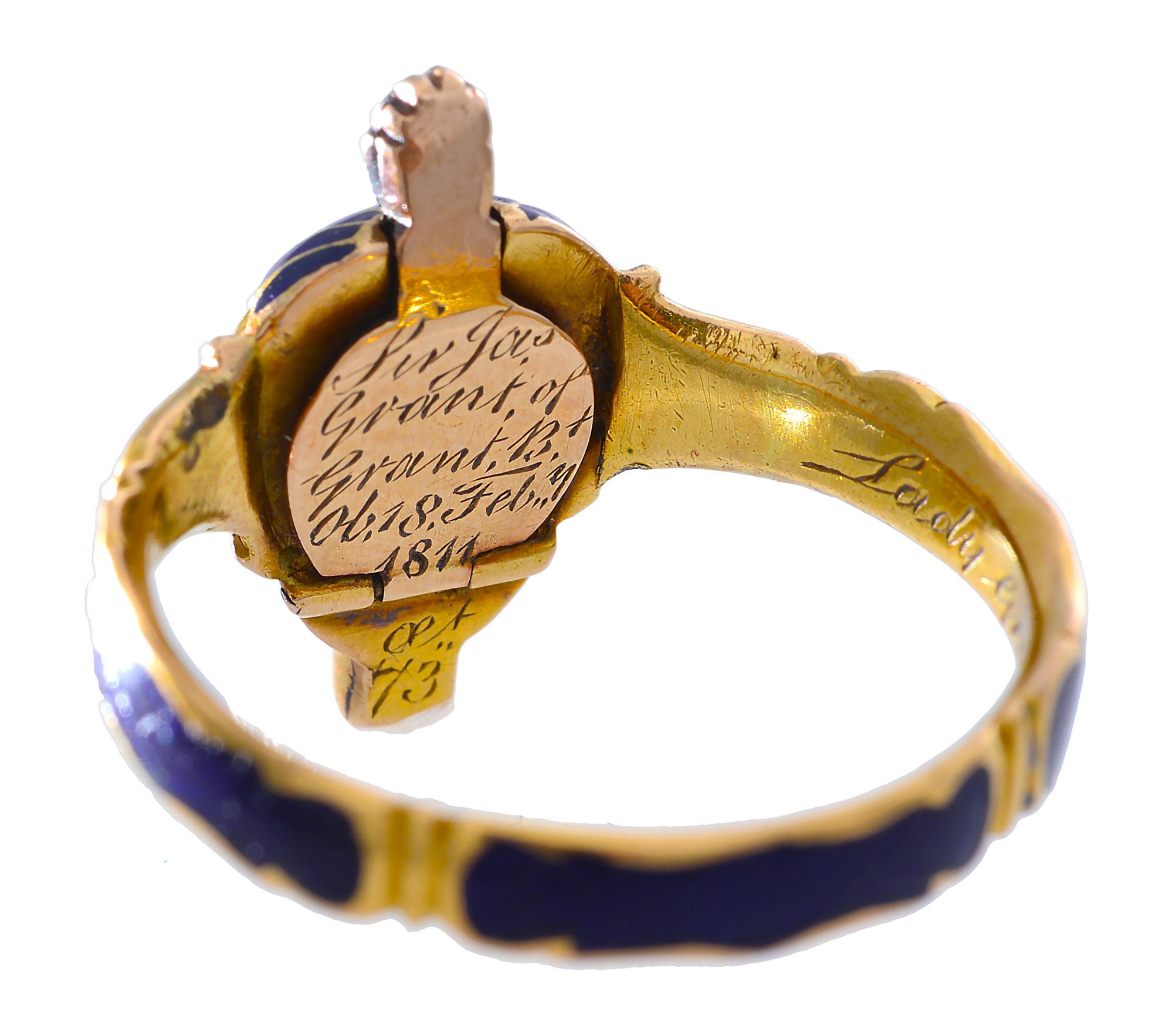Georgian 18th Century Memorial Ring of Blue Enamel, Rose Cut Diamonds and Gold For Sale