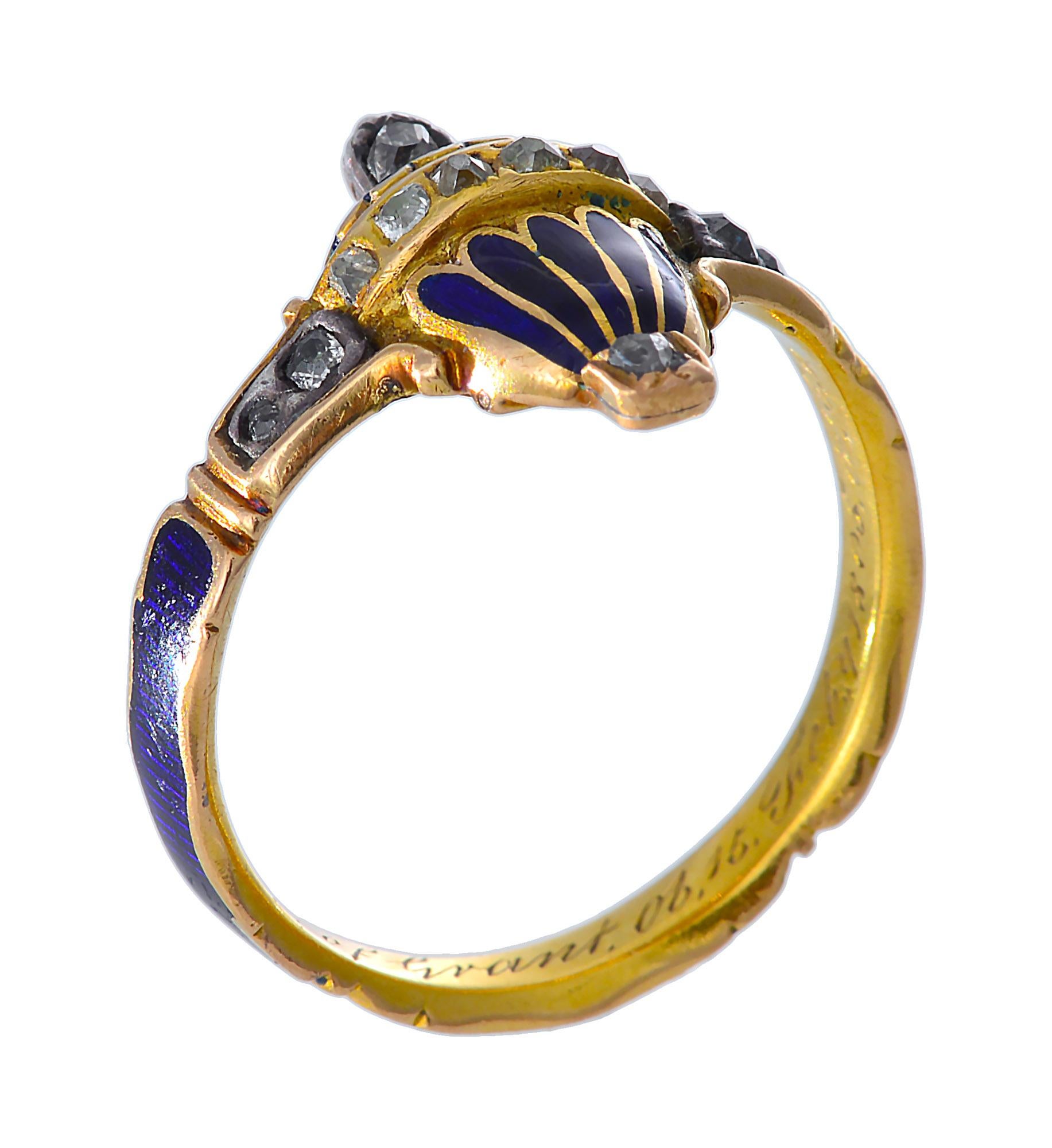 Women's or Men's 18th Century Memorial Ring of Blue Enamel, Rose Cut Diamonds and Gold For Sale