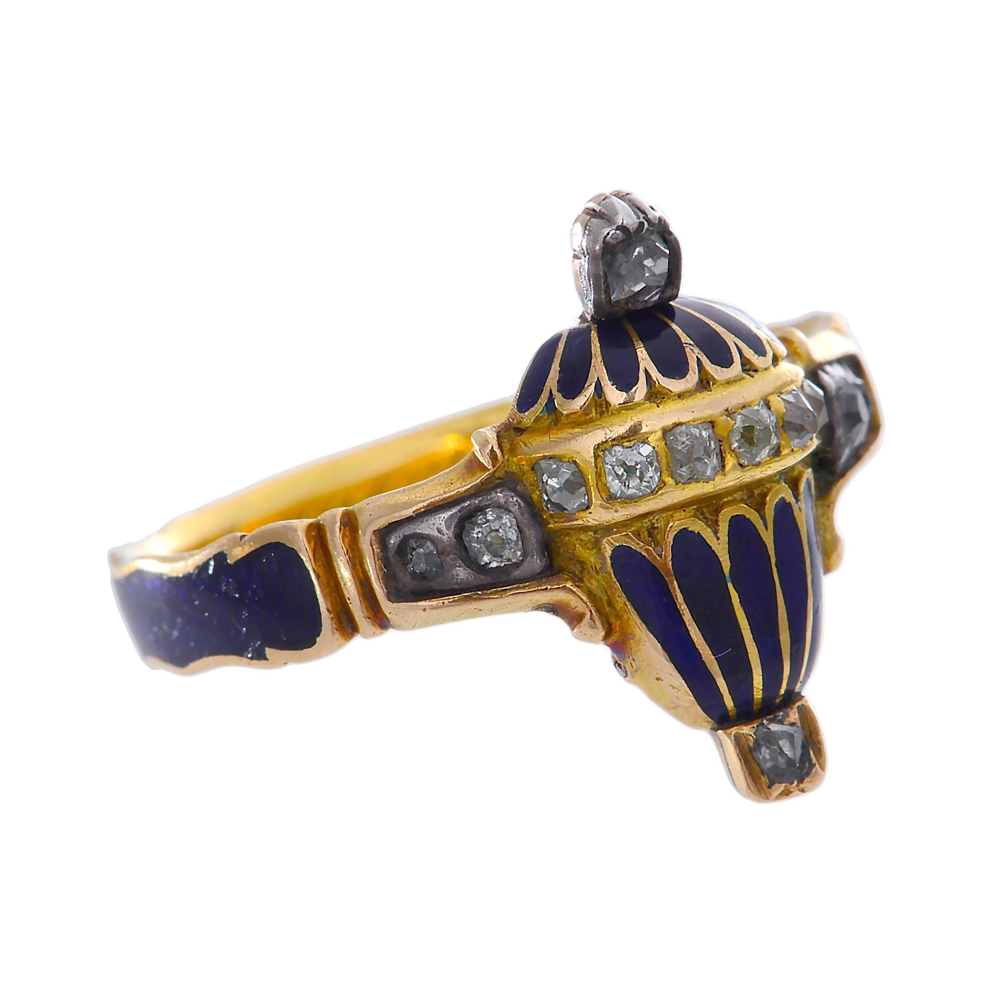 18th Century Memorial Ring of Blue Enamel, Rose Cut Diamonds and Gold For Sale