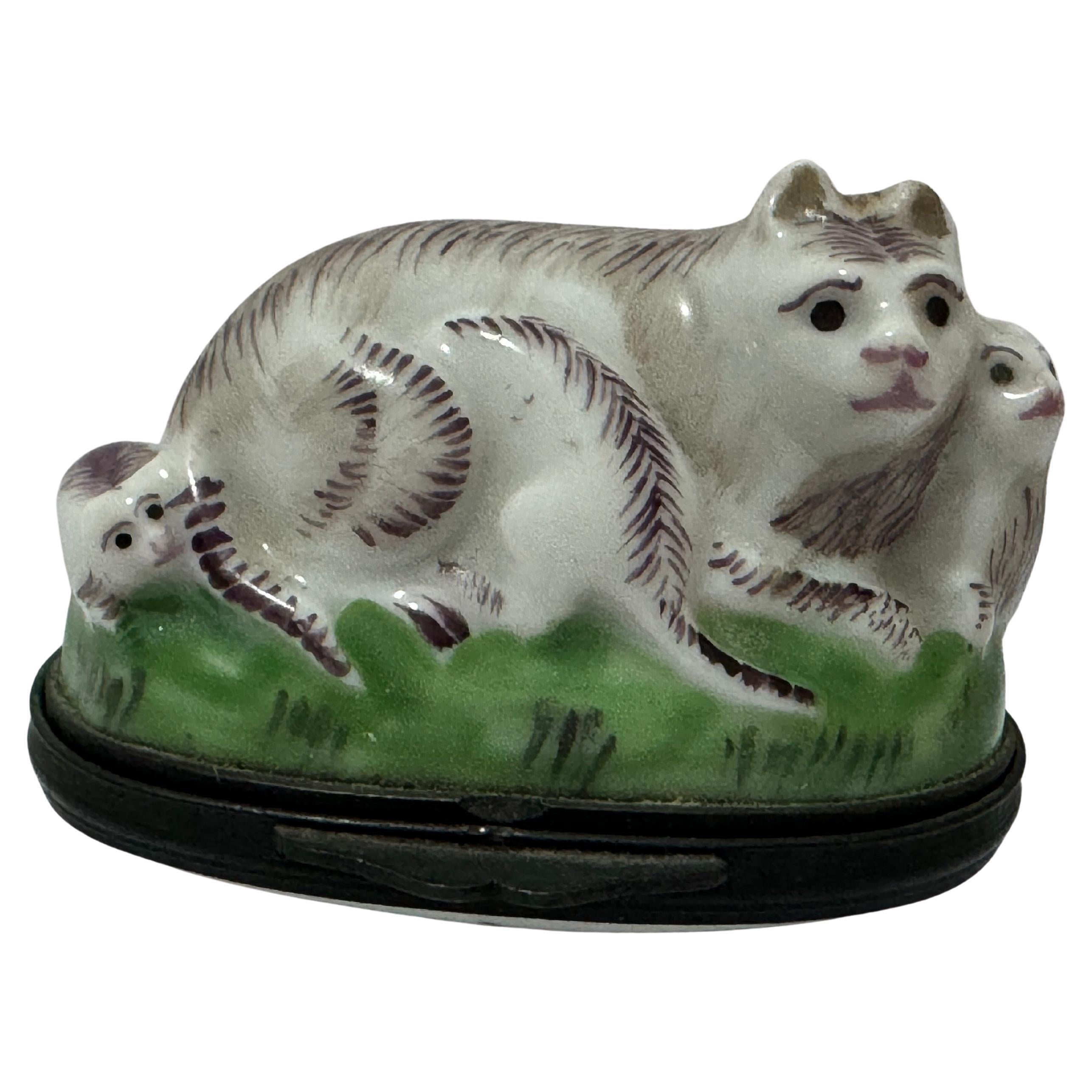 Mennecy Porcelain Cat Snuff Box, Hand-Painted, Rococo Style, 1750