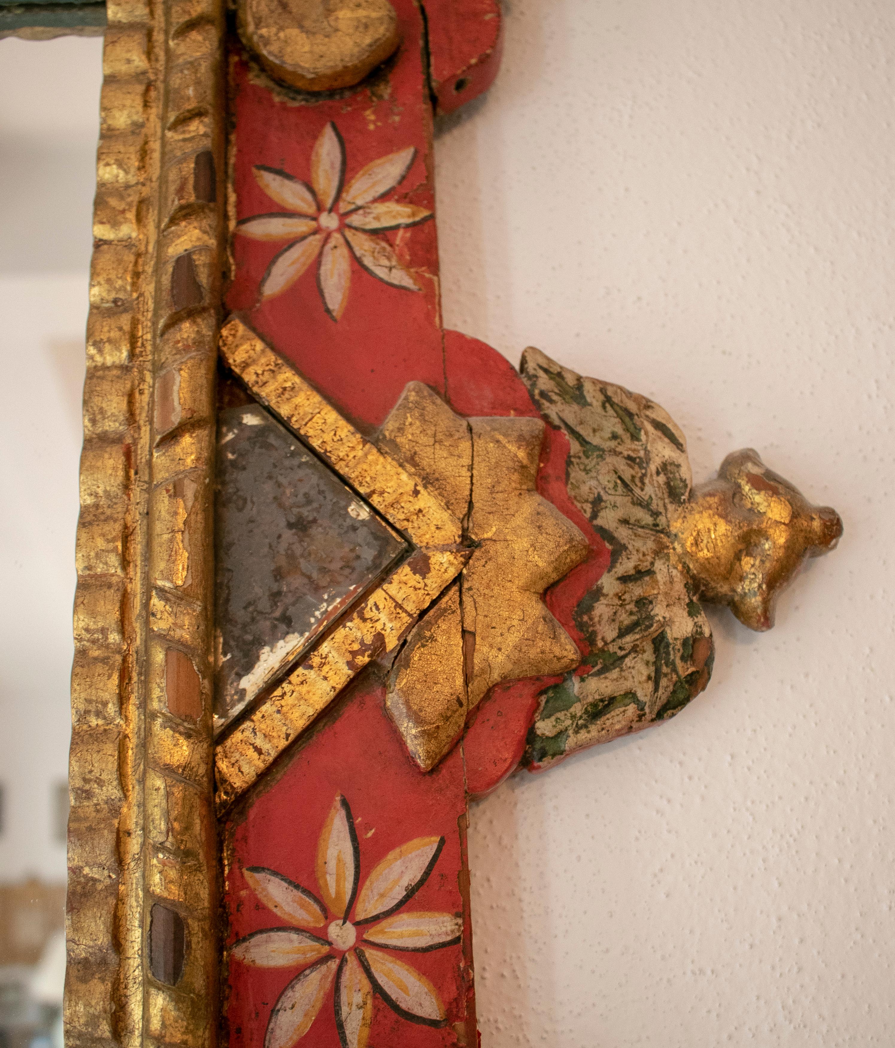 18th Century Mexican Mirror with Hand Carved Painted Wooden Frame In Good Condition In Marbella, ES