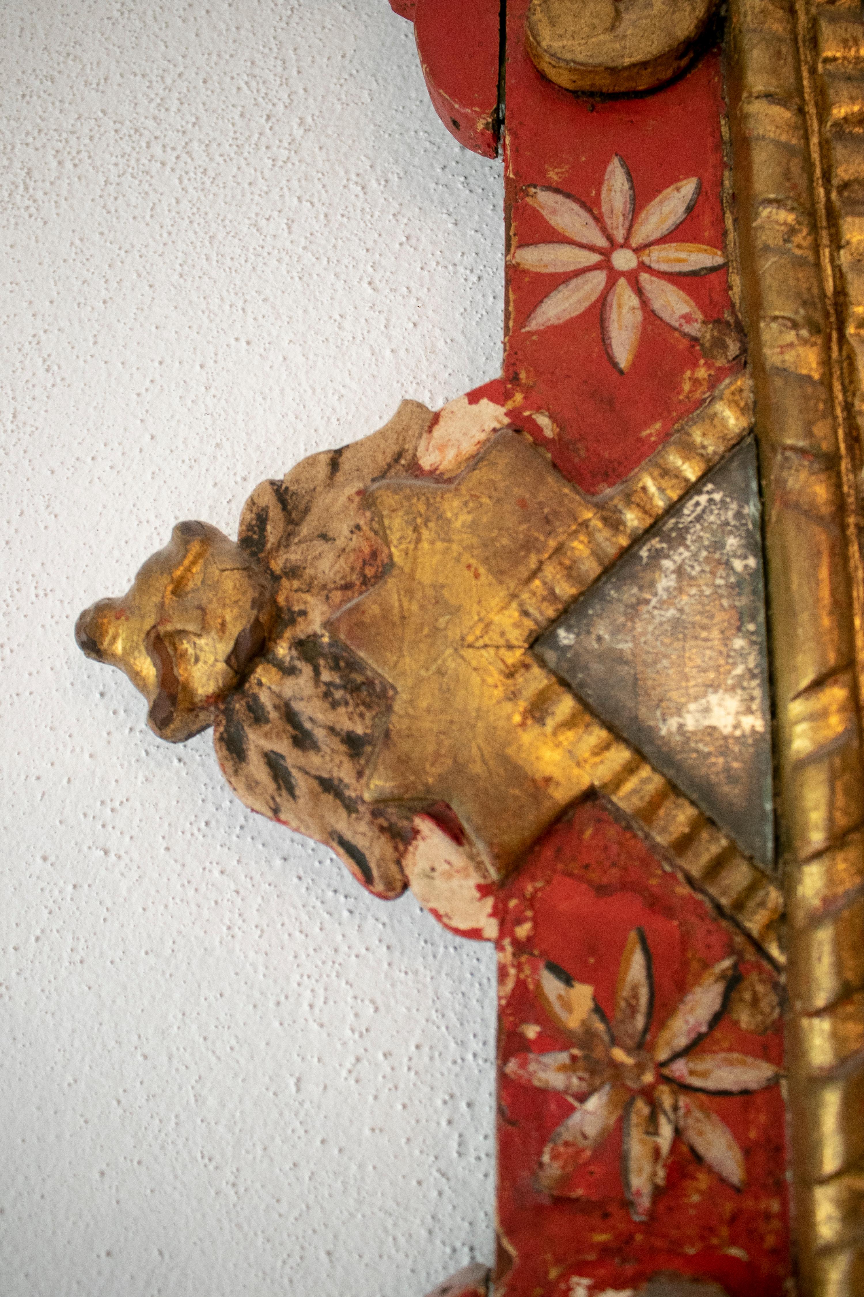 18th Century Mexican Mirror with Hand Carved Painted Wooden Frame 1