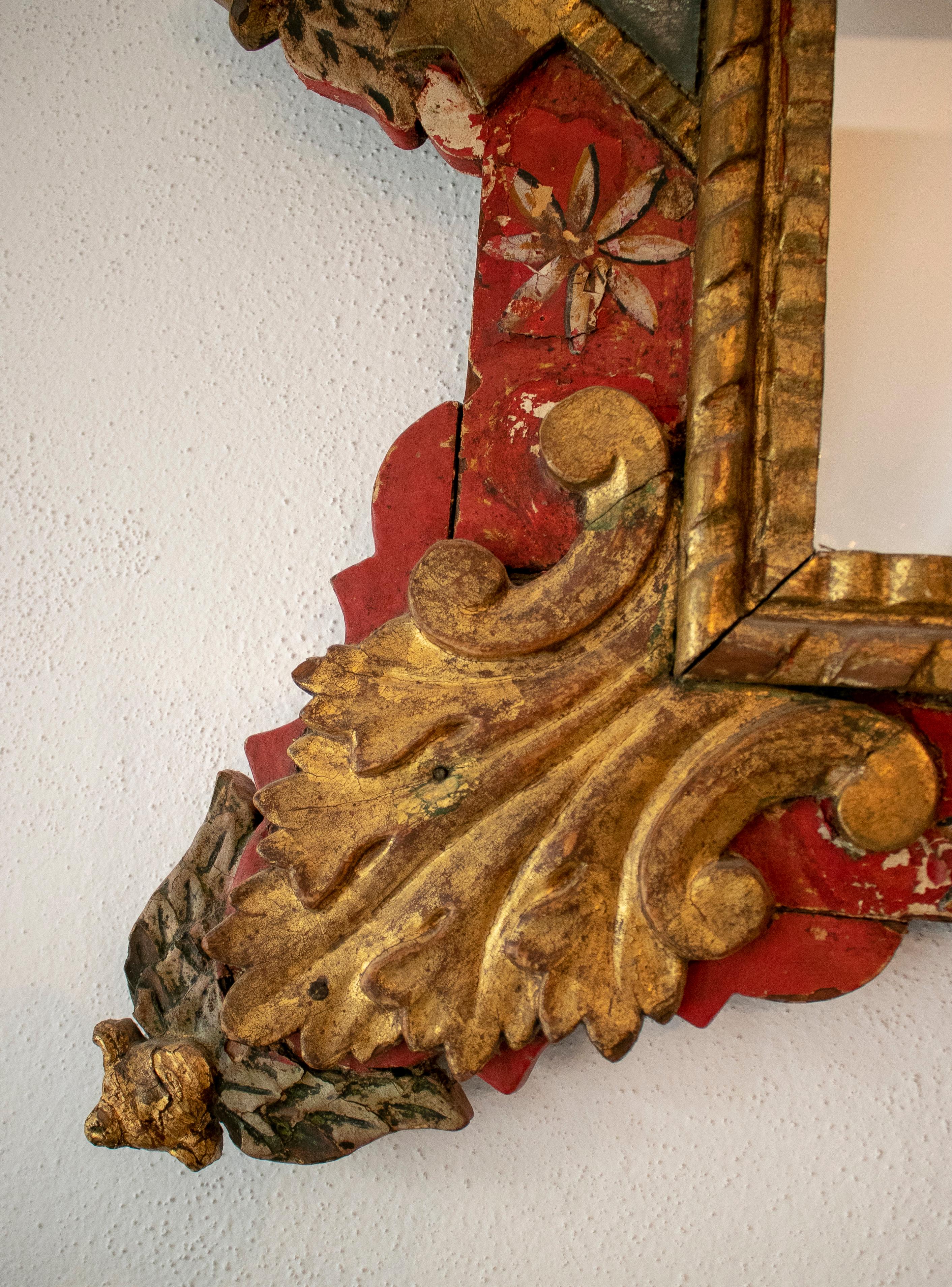 18th Century Mexican Mirror with Hand Carved Painted Wooden Frame 2