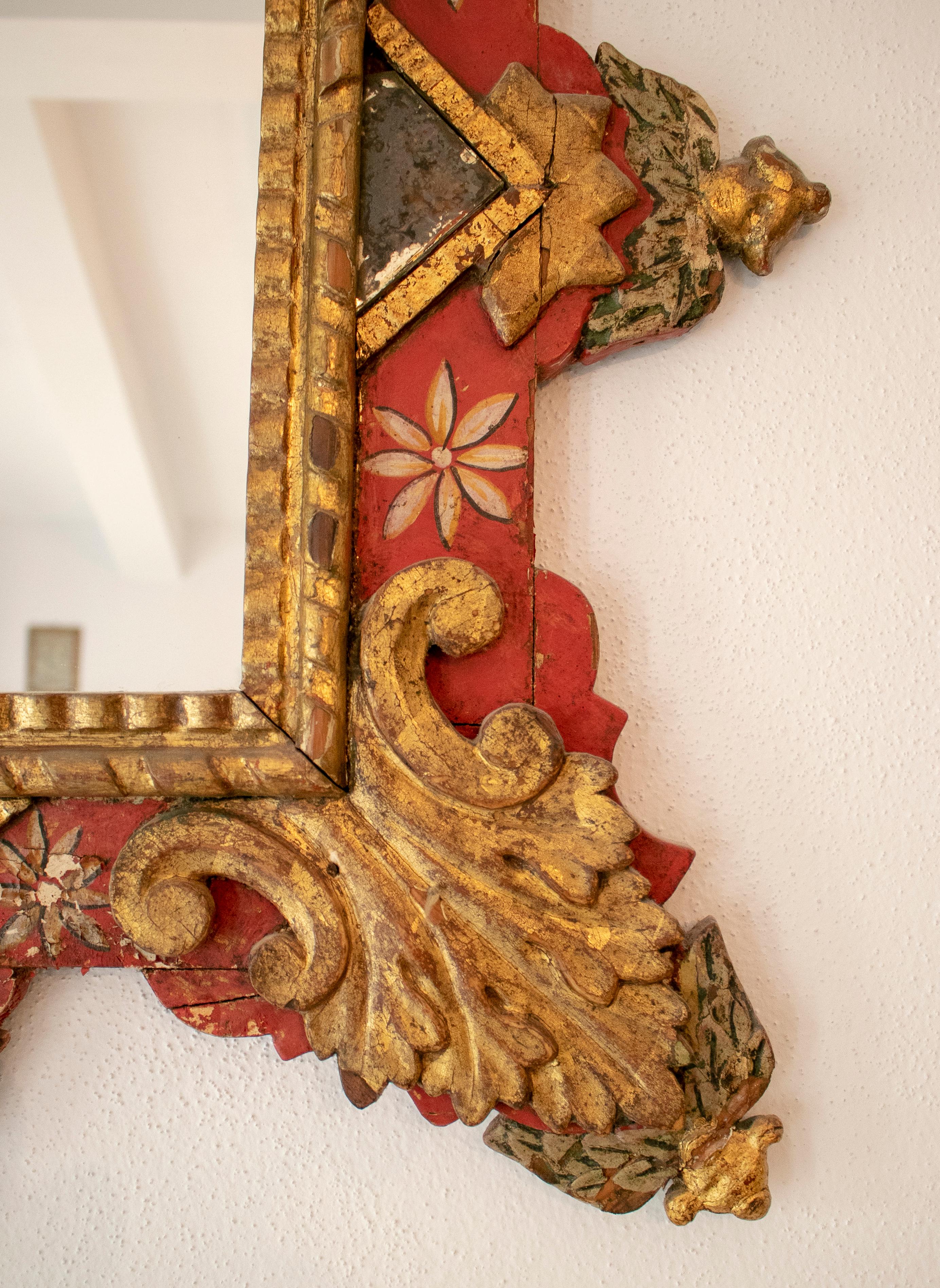 18th Century Mexican Mirror with Hand Carved Painted Wooden Frame 3