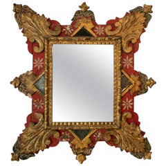 18th Century Mexican Mirror with Hand Carved Painted Wooden Frame