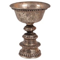 Antique 18th Tibetan Viceregal Chiselled and Hammered Silver Chalice
