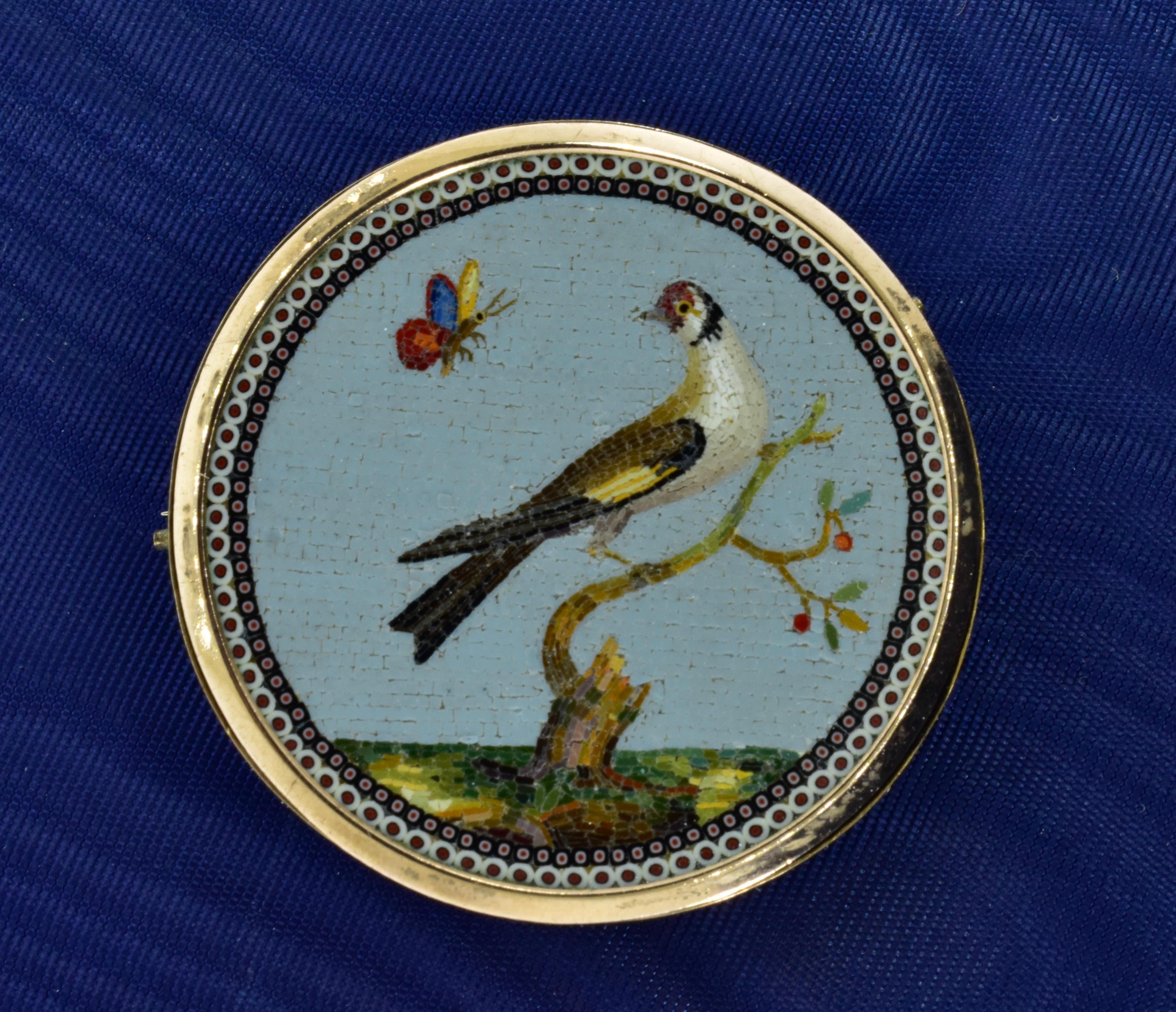 Late 18th Century to early 19th century Micro Mosaic brooch depicting a bird on a branch eyeing an approaching bee all within a intricate mosaic double border. 
 The mosaic is in fine condition and sits within a yellow gold frame. The pinstem (not