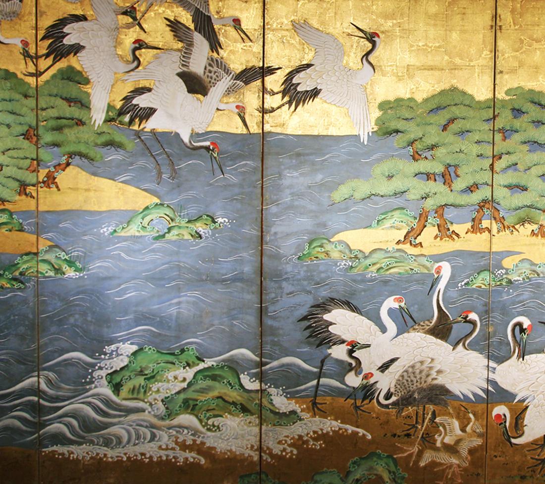 Hand-Painted 18th Century Mid-Edo Japanese Six Panels Folding Screen Gold Leaf