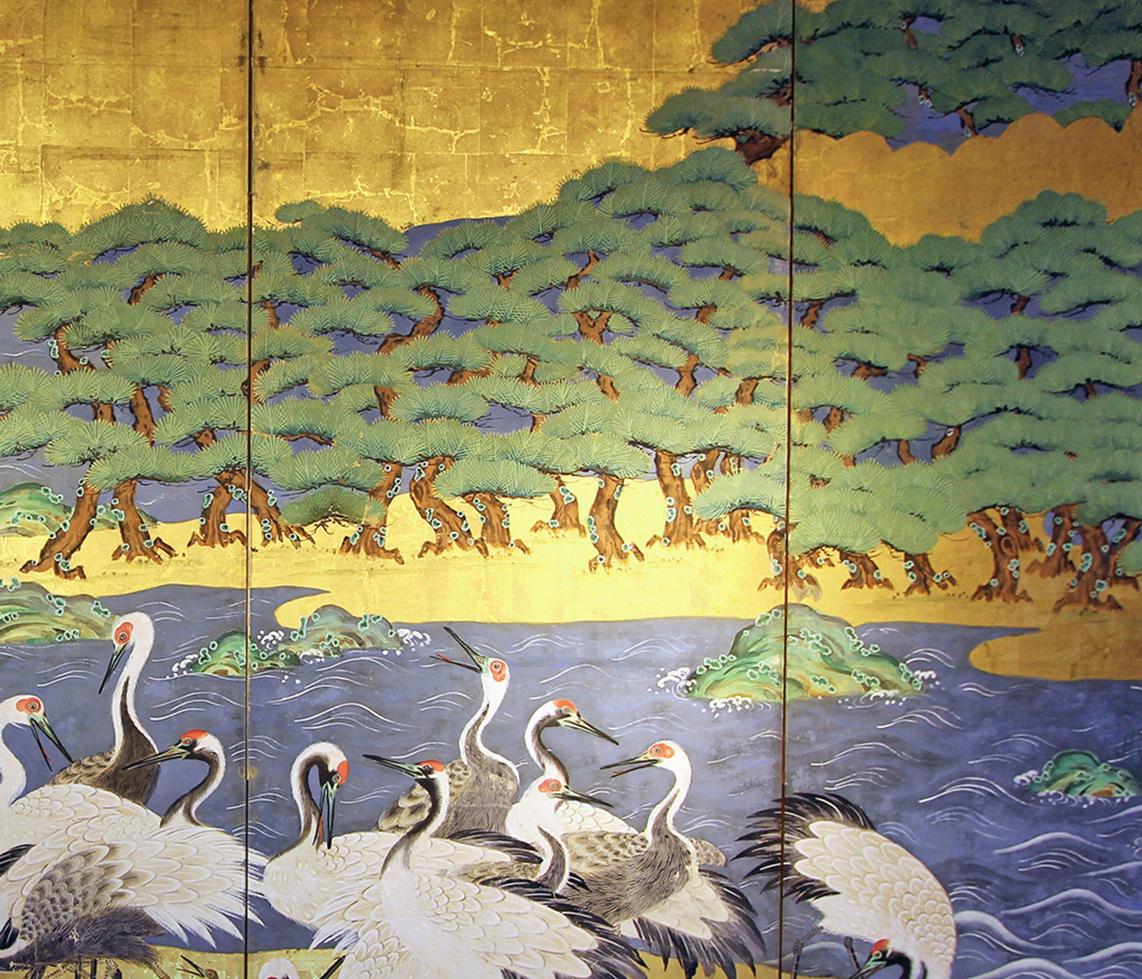 18th Century Mid-Edo Japanese Six Panels Folding Screen Gold Leaf In Good Condition In Brescia, IT