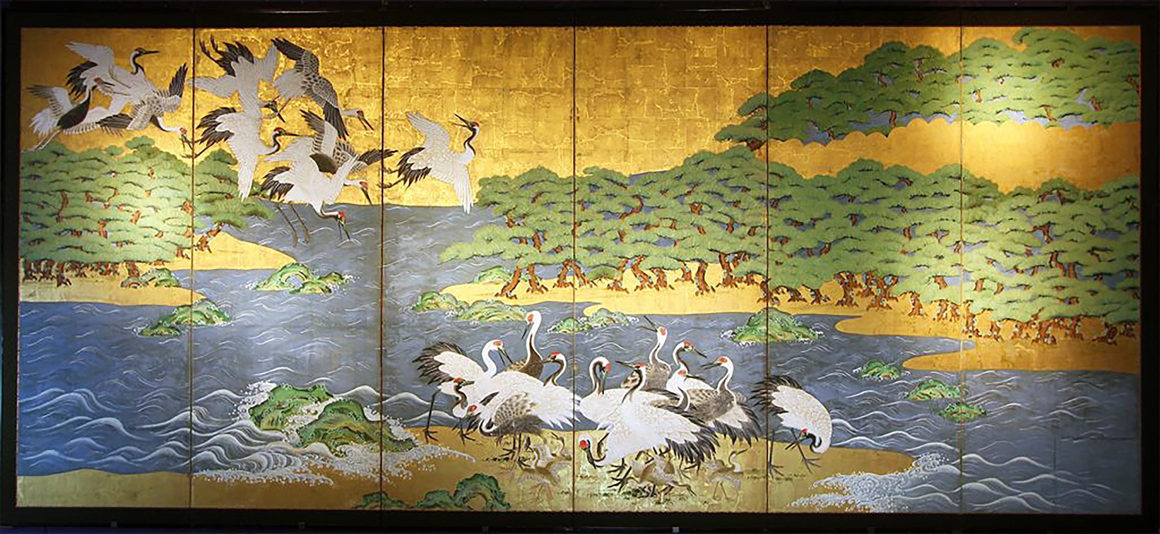 18th Century Mid-Edo Japanese Six Panels Folding Screen Gold Leaf 2