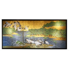 18th Century Mid-Edo Japanese Six Panels Folding Screen Gold Leaf