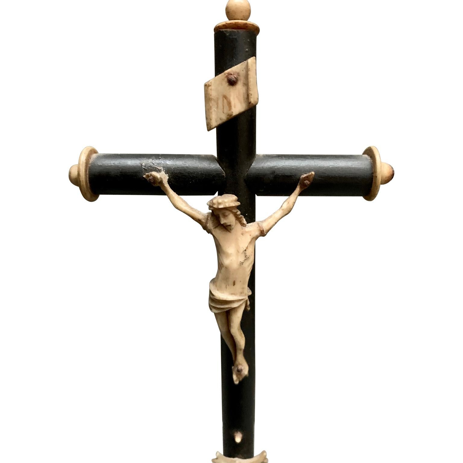 Baroque 18th Century Miniature Crucifix in Carved Bone and Wood
