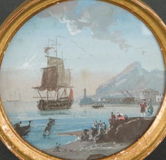 18th-Century Miniature of a Galleon and Harbor Scene, Giltwood Frame