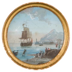 18th-Century Miniature of a Galleon and Harbor Scene, Giltwood Frame