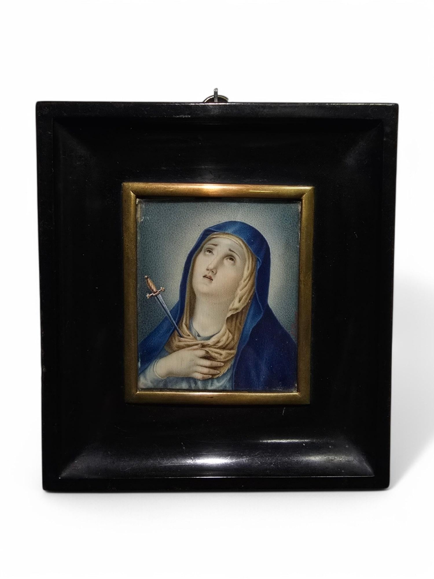 Pintura al óleo en miniatura del siglo XVIII - Virgen Dolorosa en venta 5