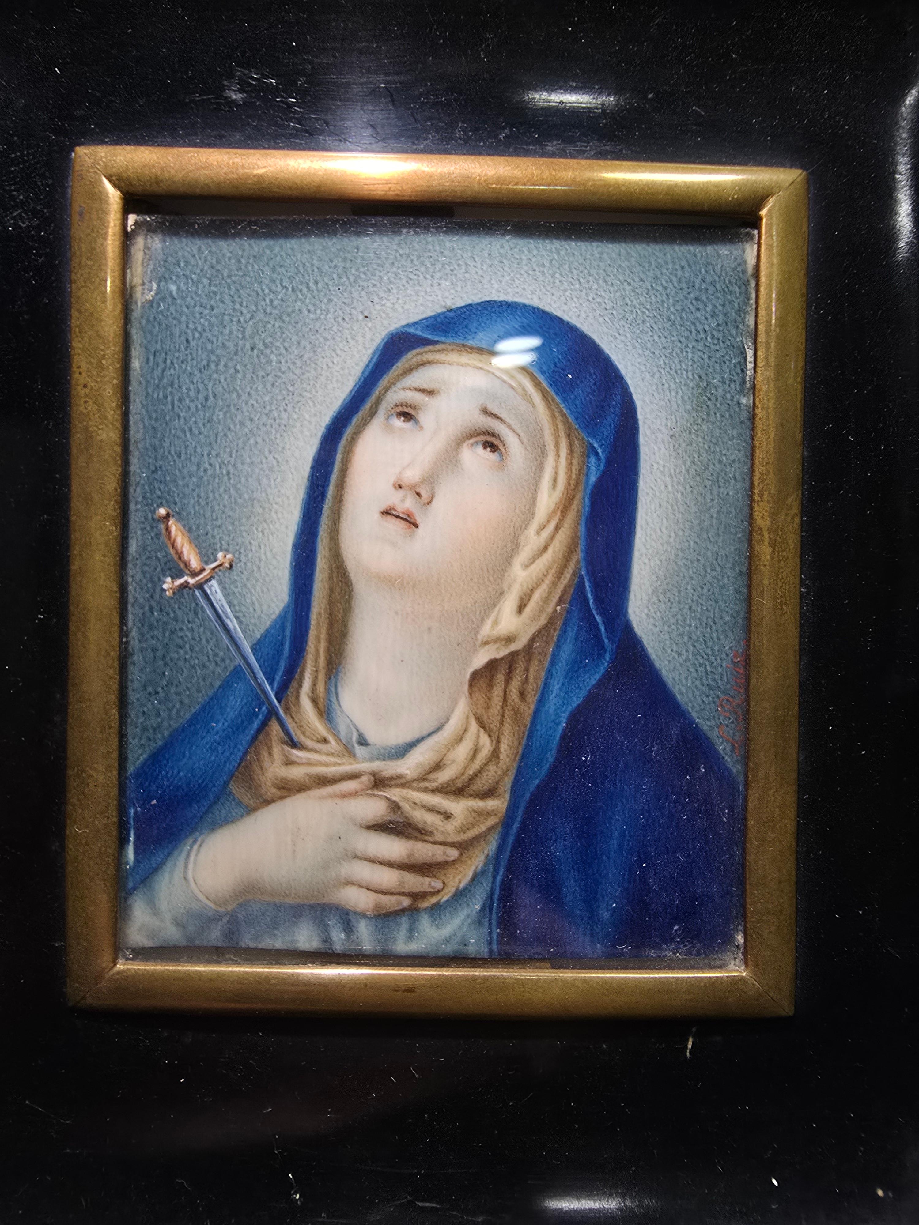 Una exquisita miniatura al óleo sevillana del siglo XVIII que representa a la Virgen Dolorosa, una obra de arte religioso magistralmente detallada.

Artista: Firmado por L. Ruiz
Técnica: Óleo sobre tabla
Marco: Marco de madera original
Estado: