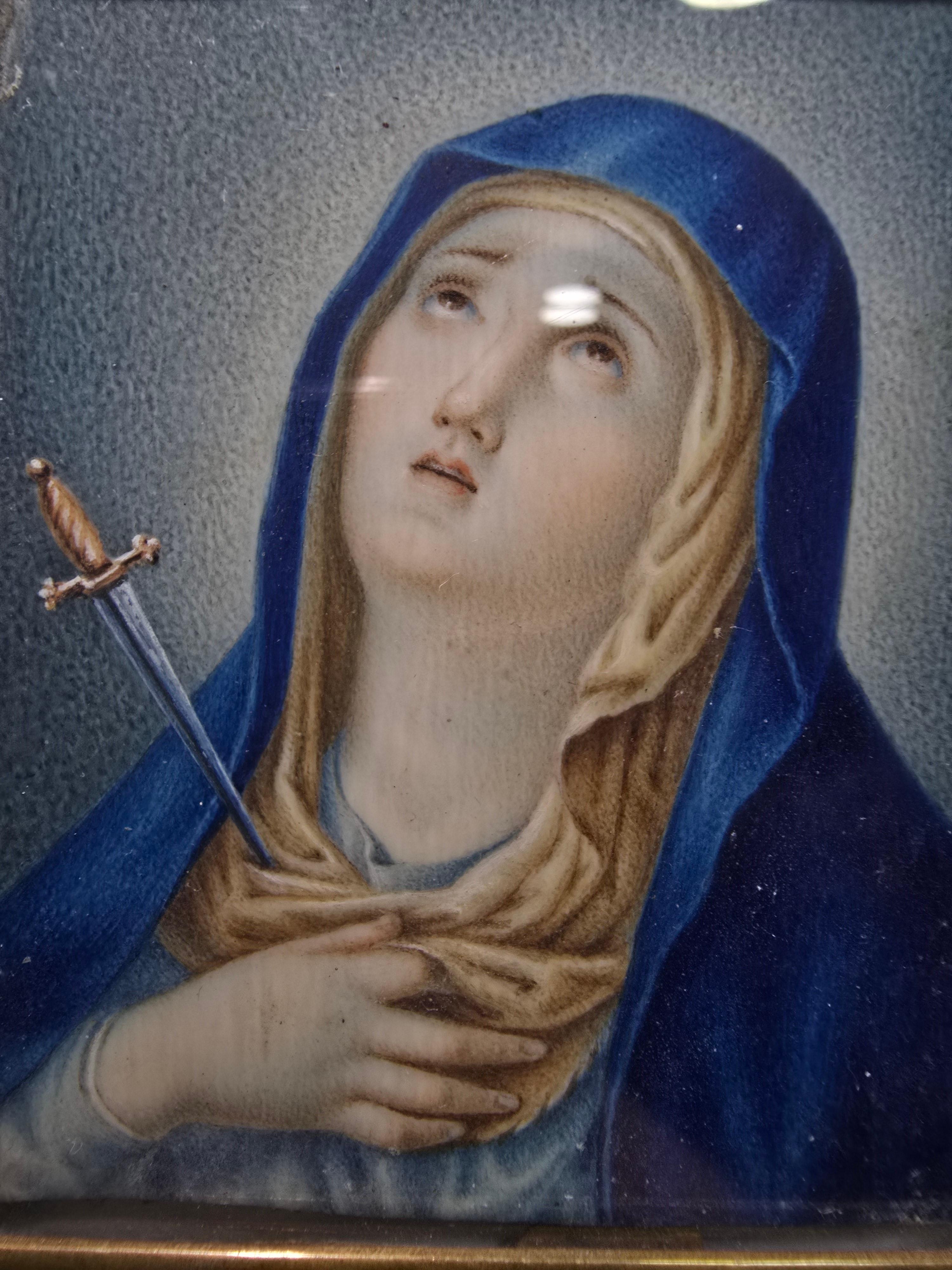 Pintura al óleo en miniatura del siglo XVIII - Virgen Dolorosa Madera frutal en venta