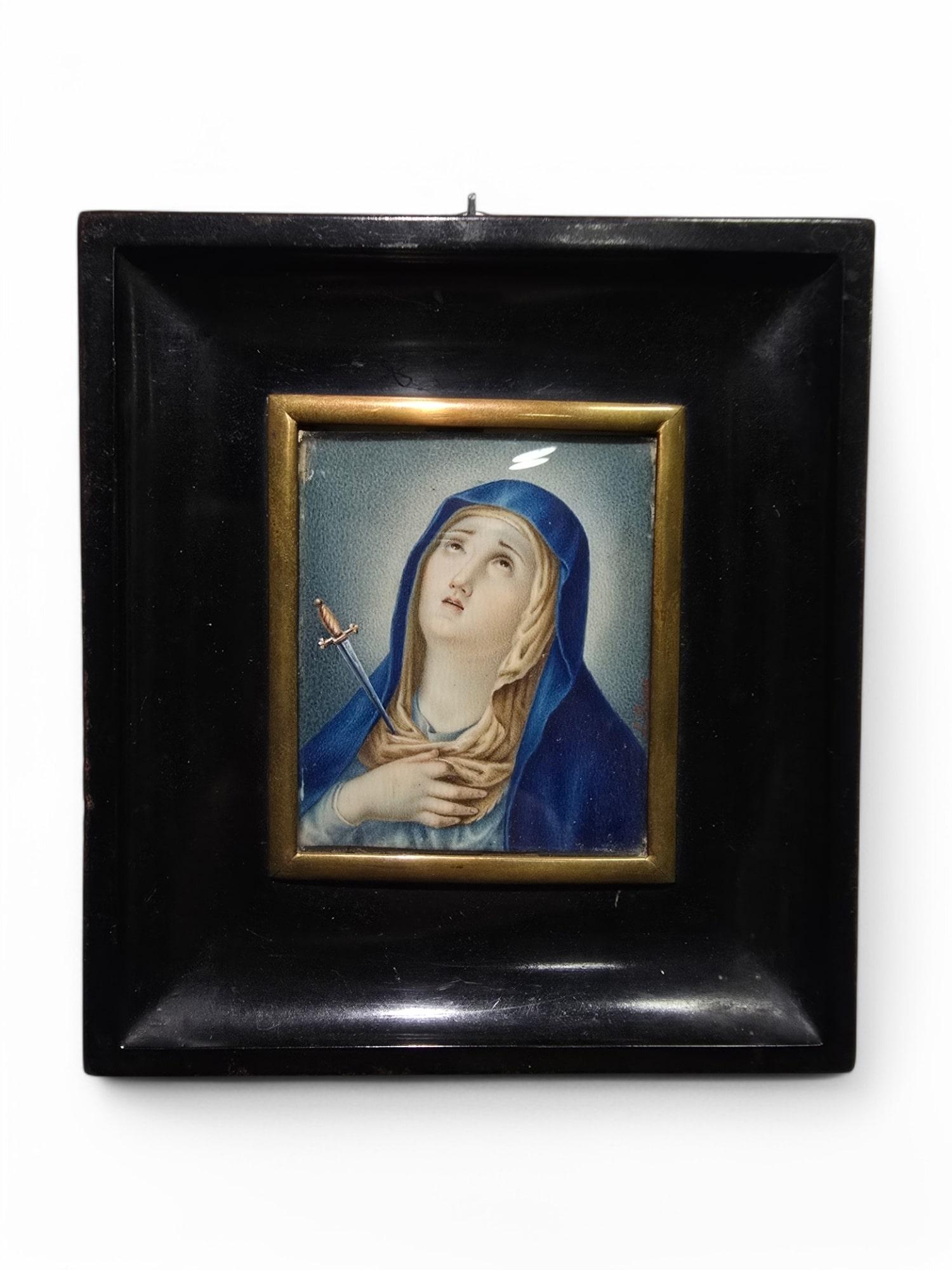 Pintura al óleo en miniatura del siglo XVIII - Virgen Dolorosa en venta 4
