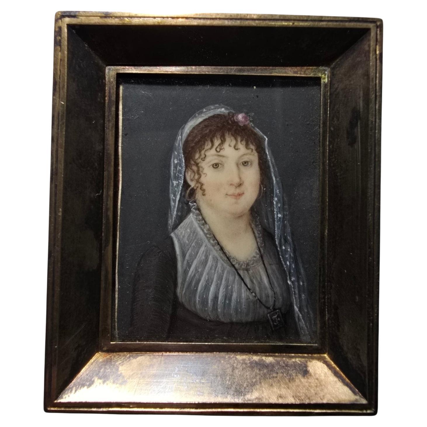 Ritratto a olio in miniatura del XVIII secolo - Signora con parrucchino floreale