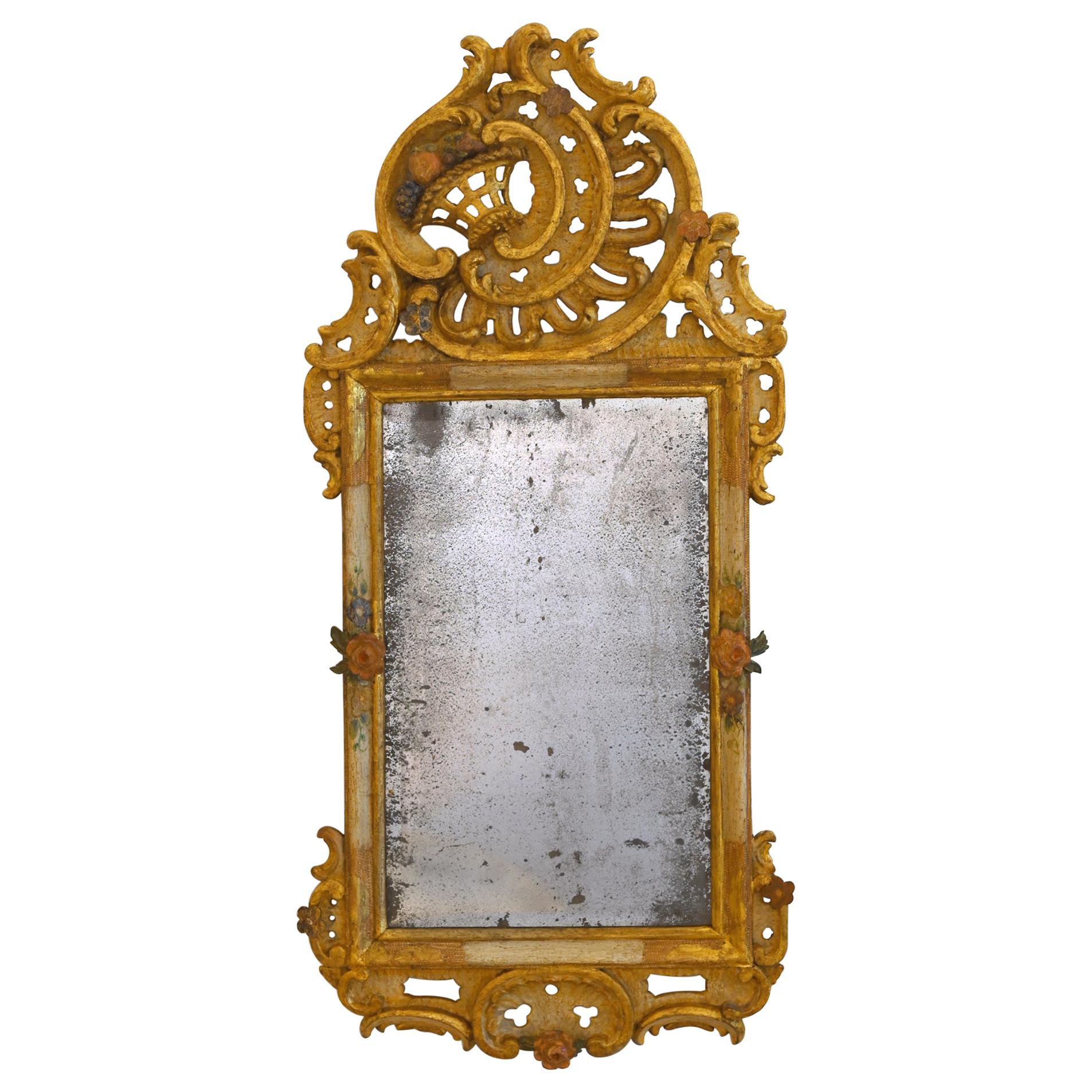 Spiegel aus geschnitztem, polychrom lackiertem Bayreuth-Spiegel, Süddeutschland, 18. Jahrhundert
