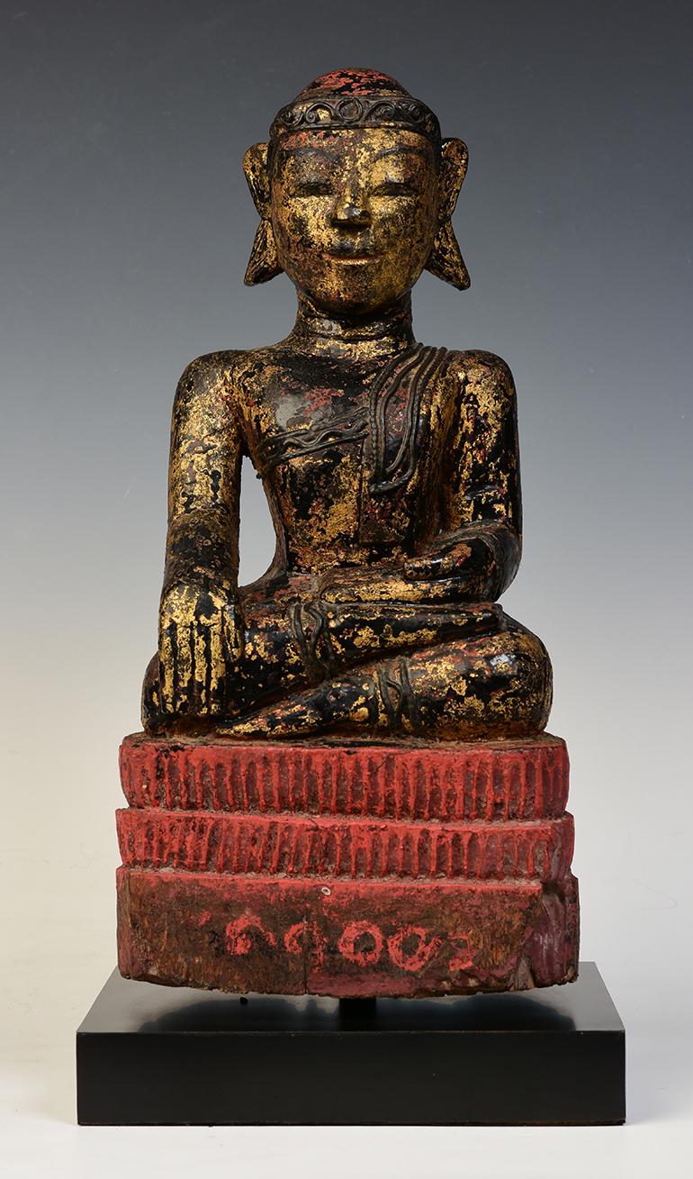 18th Century, Mon, Antique Burmese Wooden Seated Buddha 9
