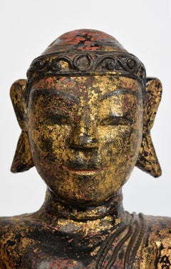 18th Century, Mon, Antique Burmese Wooden Seated Buddha