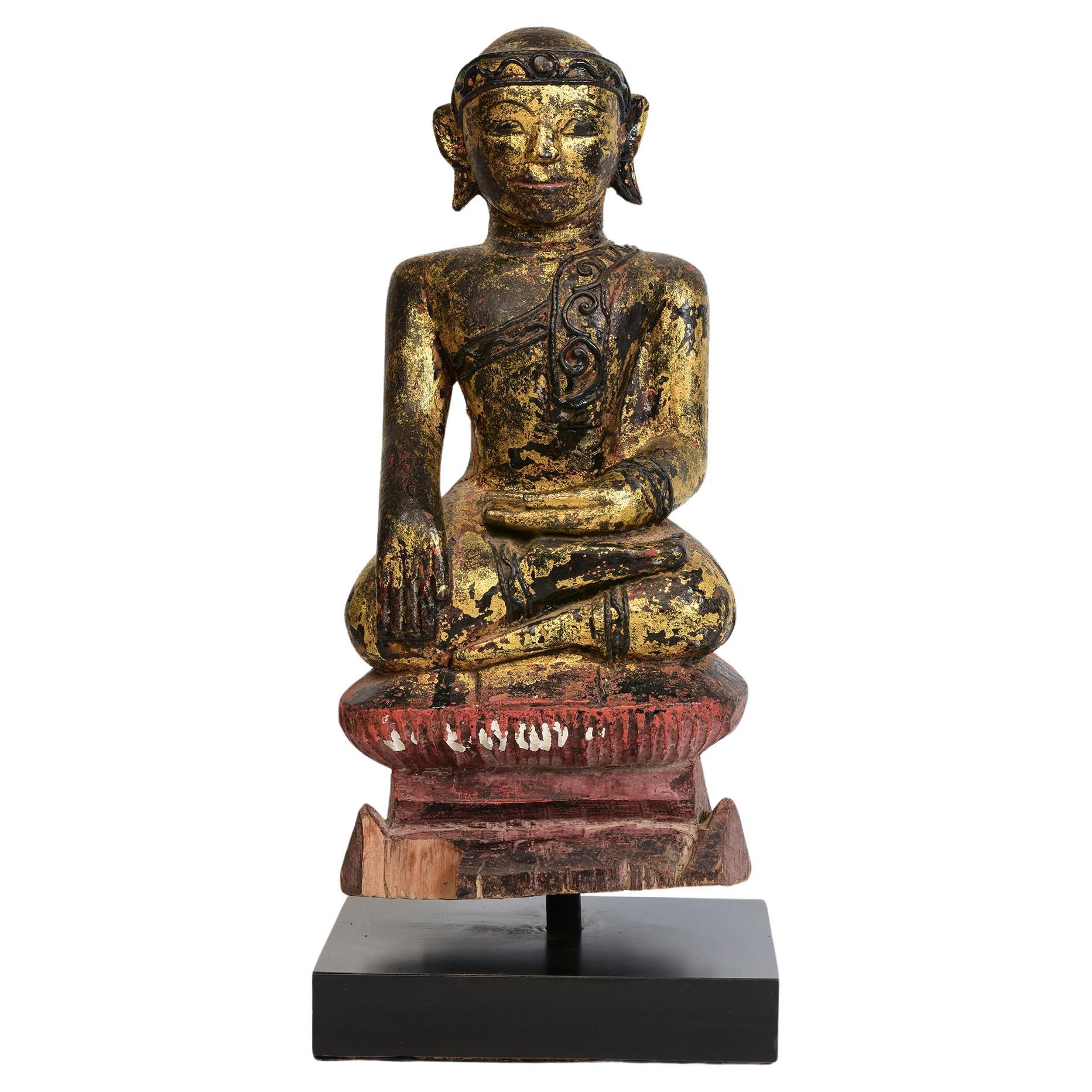 18th Century, Mon, Antique Burmese Wooden Seated Buddha For Sale