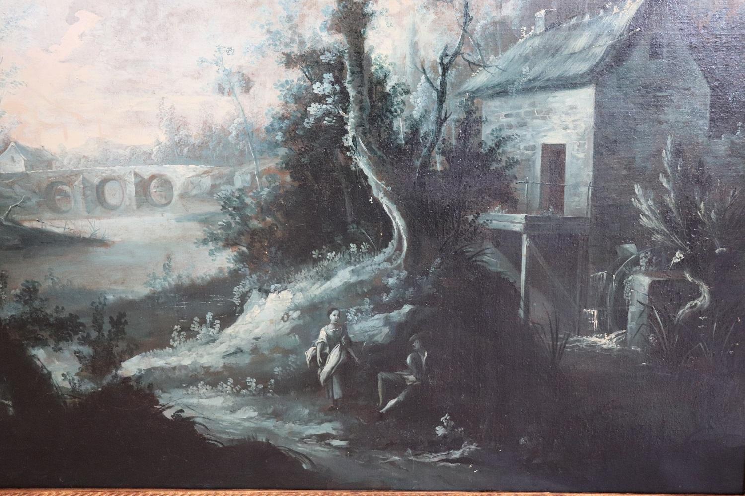 Italian 18th Century Monochrome Oil Paintings on Canvas Large Antique Landscapes, Two For Sale