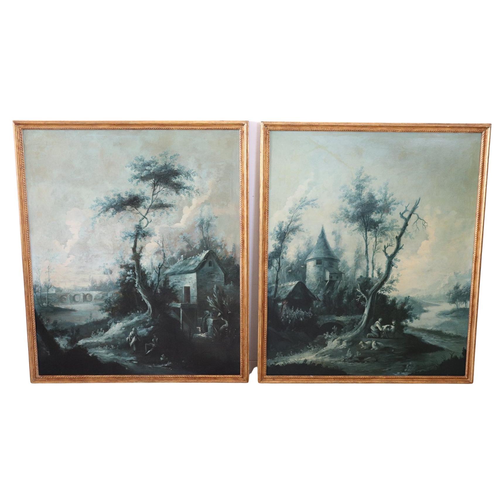 18th Century Monochrome Oil Paintings on Canvas Large Antique Landscapes, Two For Sale