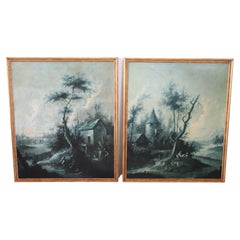 18th Century Monochrome Oil Paintings on Canvas Large Antique Landscapes, Two