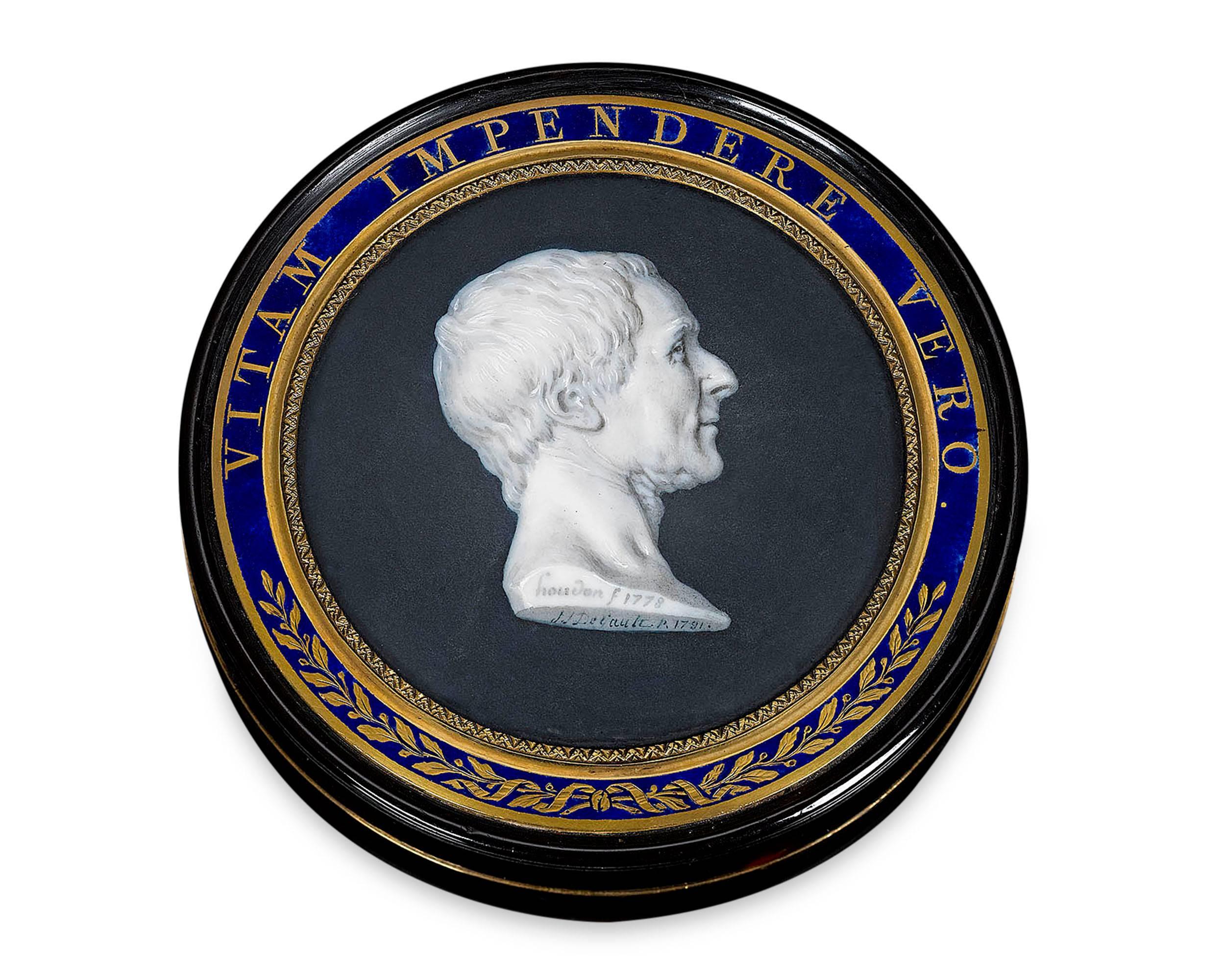 An exquisite miniature of French philosopher Charles Montesquieu graces the lid of this tortoiseshell-lined snuff box. The handsome portrait was fashioned by the renowned Jacques-Joseph de Gault of France after a popular bust by the French