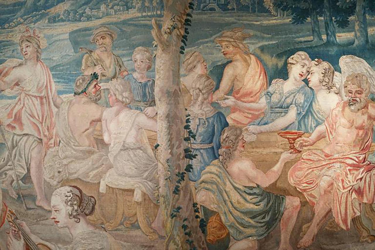 -Origine belge
-XVIIIe siècle
-tapisserie en laine et soie tissée à la main
-Largeur 236,22 in, H 118,11 in / L 600 cm, H 300 cm
-Provenance : collection privée, France

Cette tapisserie du XVIIIe siècle représente le mariage de Psyché. Son imposant