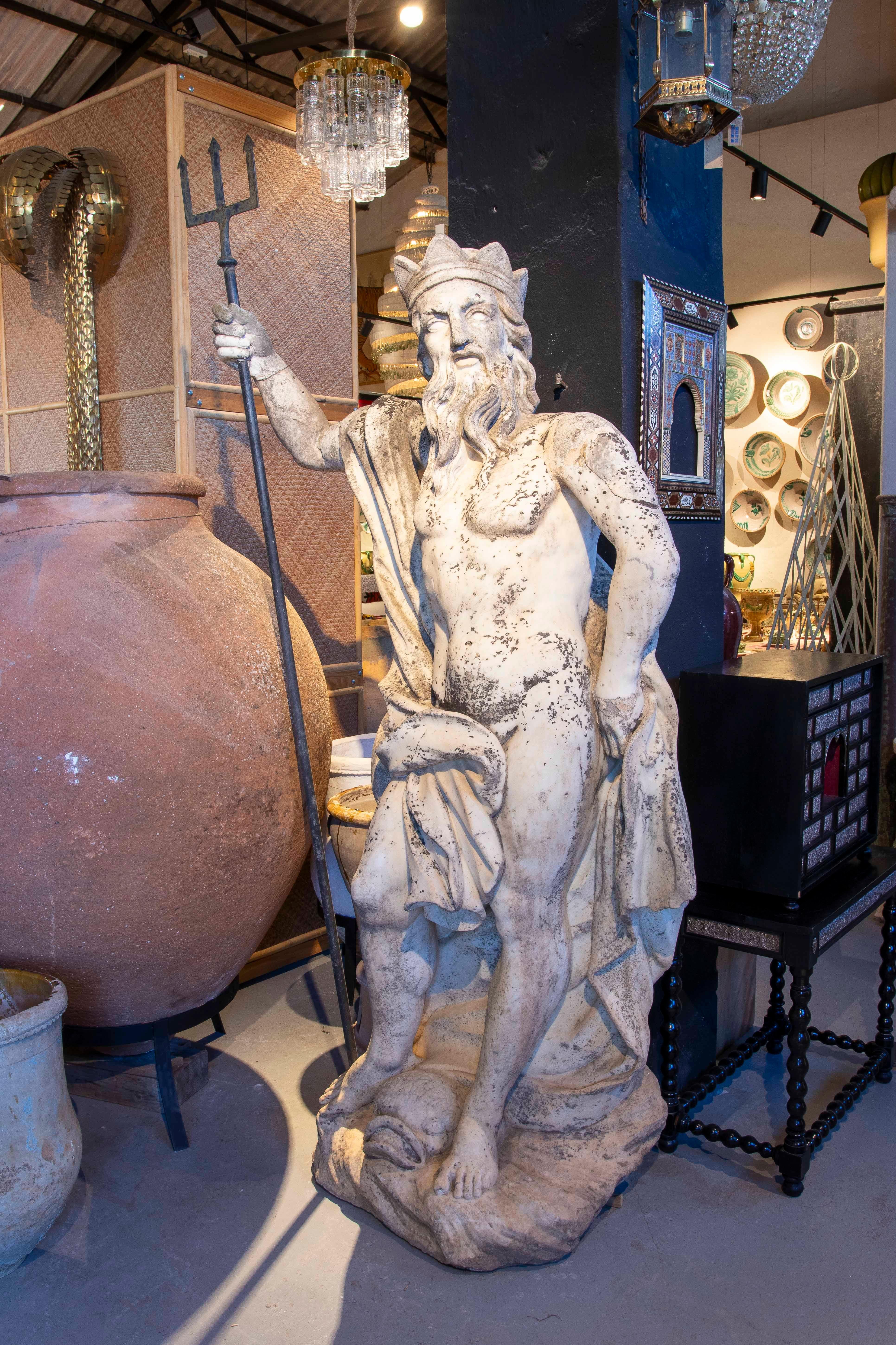 Hand-Carved 18th Century Monumental Marble Sculpture Representing Neptune For Sale