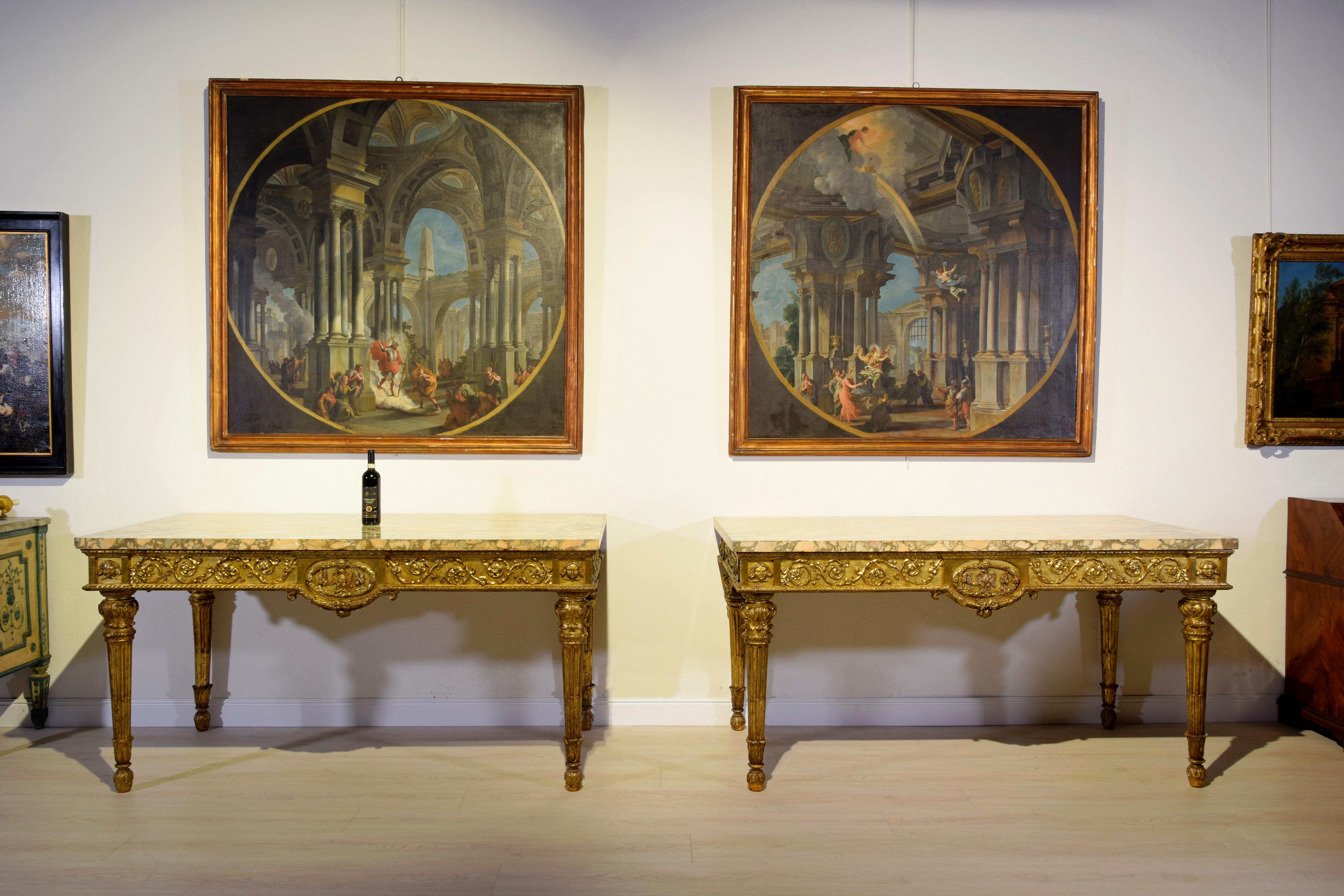 18. Jahrhundert, Monumentales Paar italienischer neoklassizistischer Konsolen aus Giltwood im Angebot 14