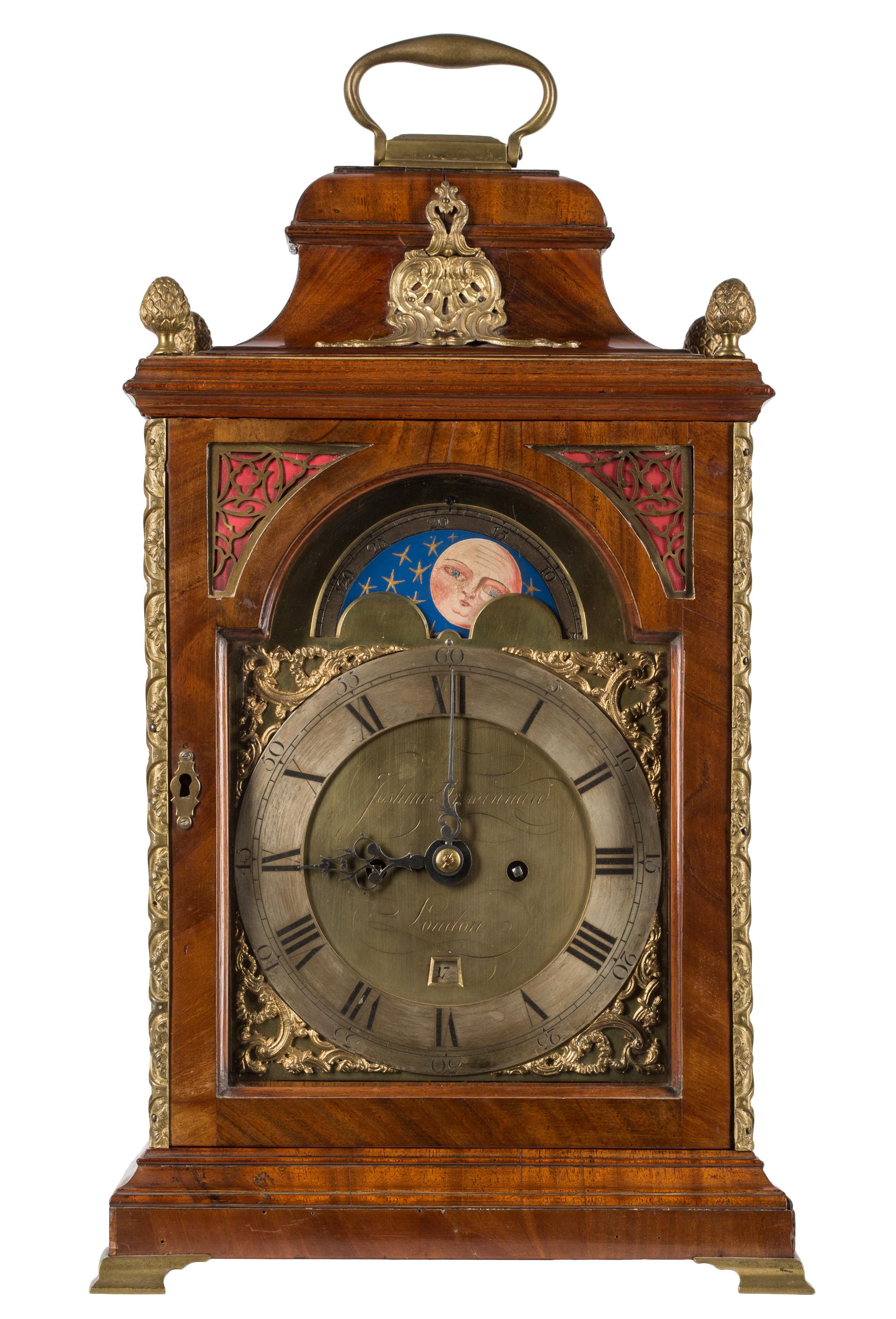 This is a fully-functioning late 18th century English bracket clock by Joshua Trewinnard of London. The moon phase dial was useful in the past for both farmers who would schedule the planting of certain crops in relation to the phase of the moon,