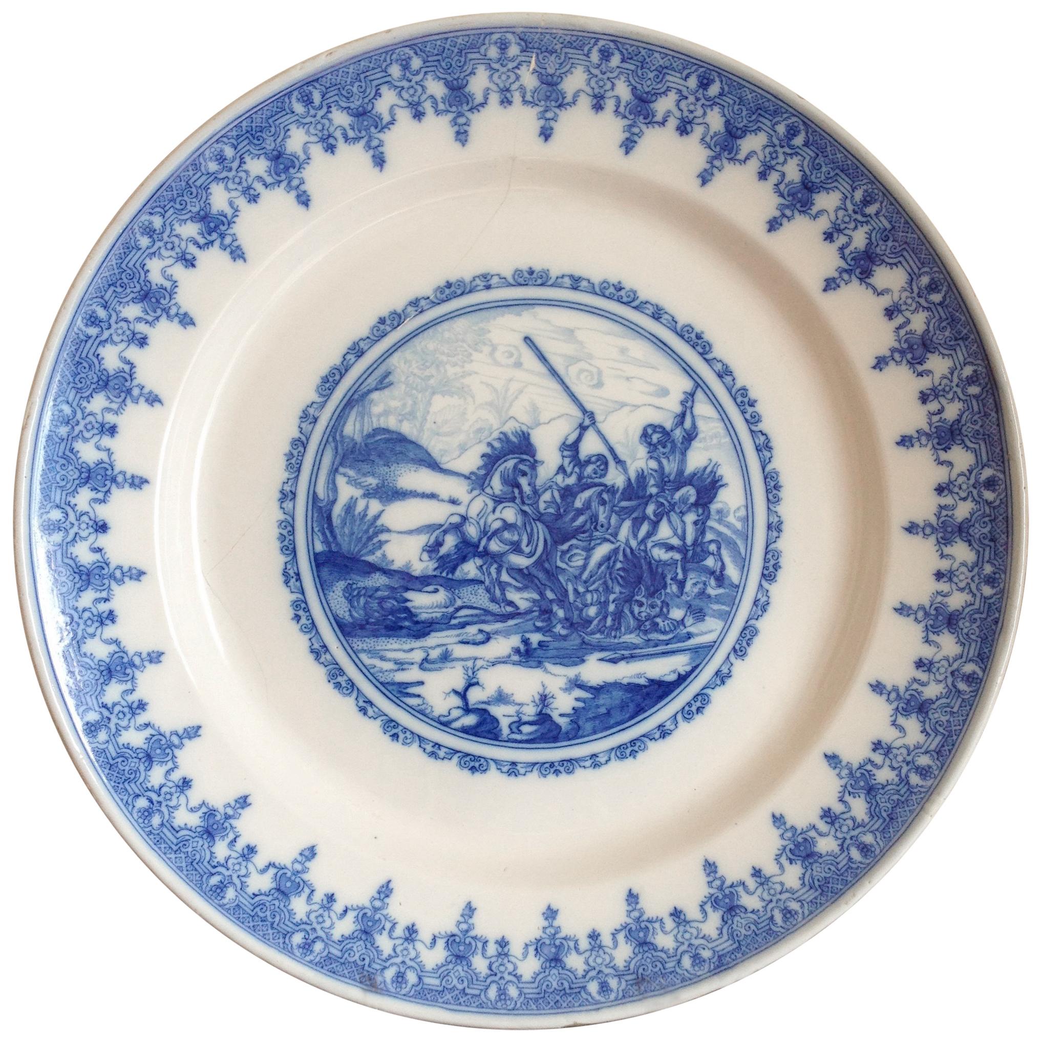 Grande assiette de présentation ou de décoration en faïence de Delft bleue et blanche du 18ème siècle